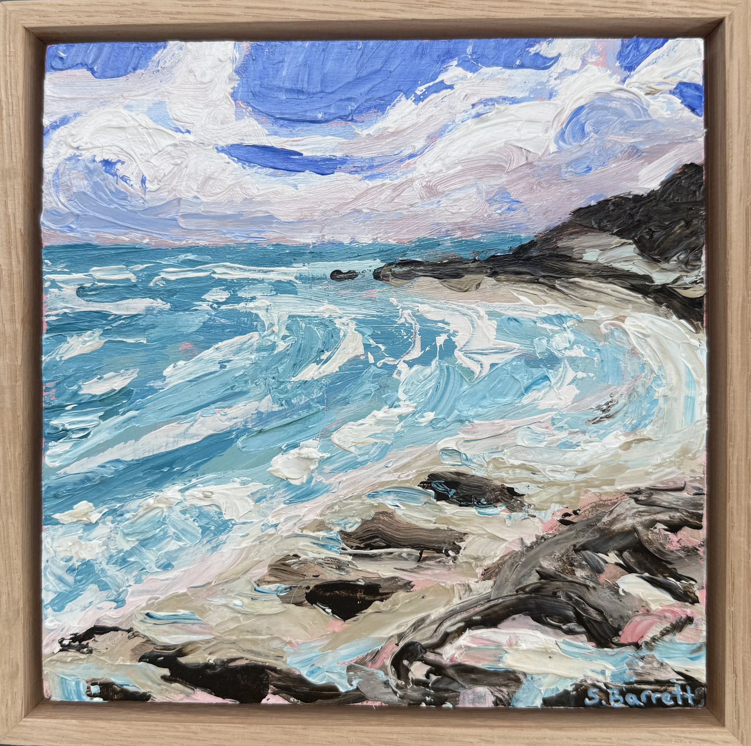 Saltwater Daydreams VI / acrylic on cradled board, oak frame /23.4 x 23.4cm / 2025 / Available at www.bluethumb.com.au