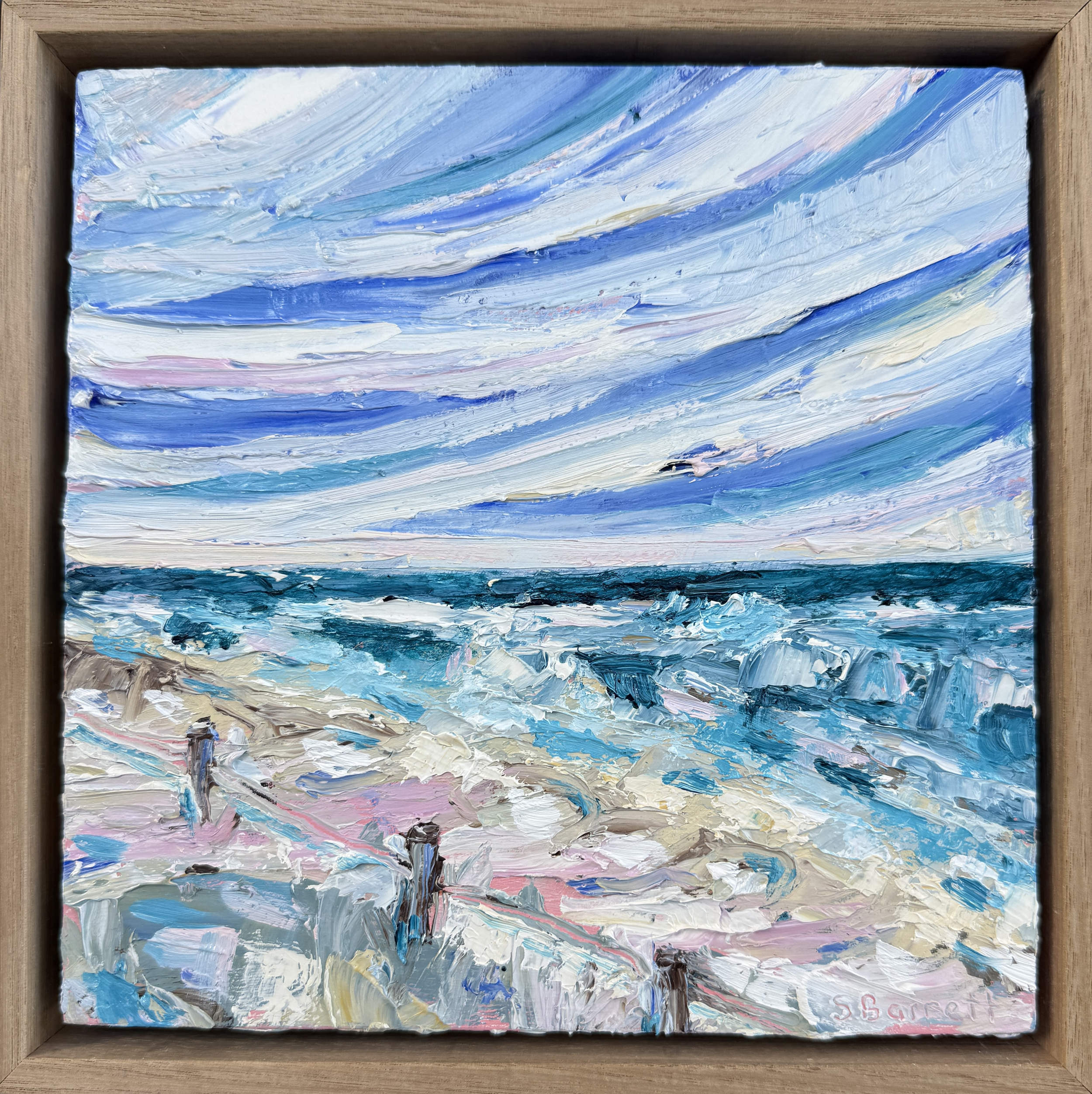 Sand Dunes And Sea Breeze / oil on cradled board, framed in oak / 23 x 23cm / 2026 / available on www.bluethumb.com.au
