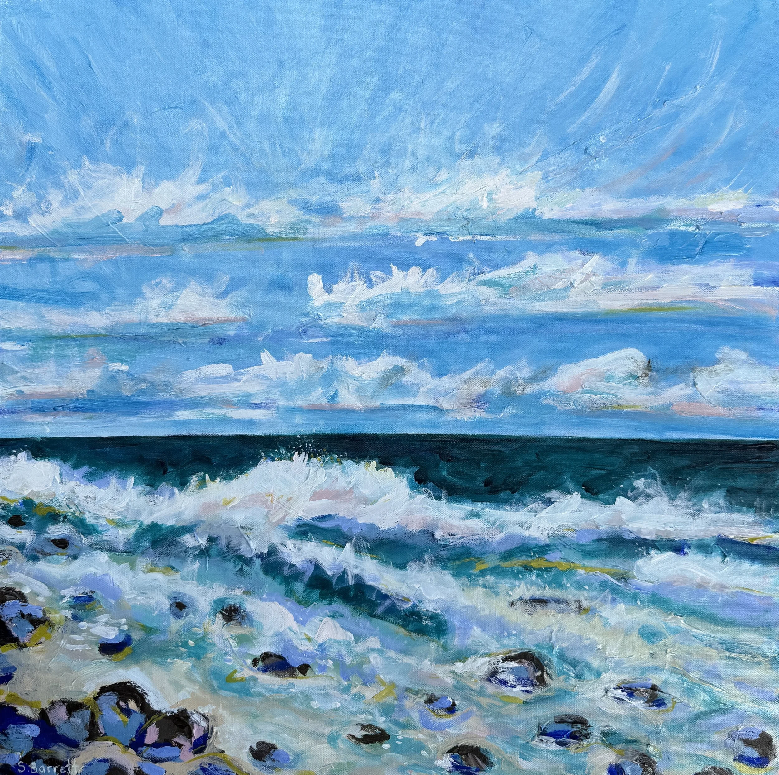 An oil painting of a turbulent ocean under a cloudy sky, with shades of blue and white.