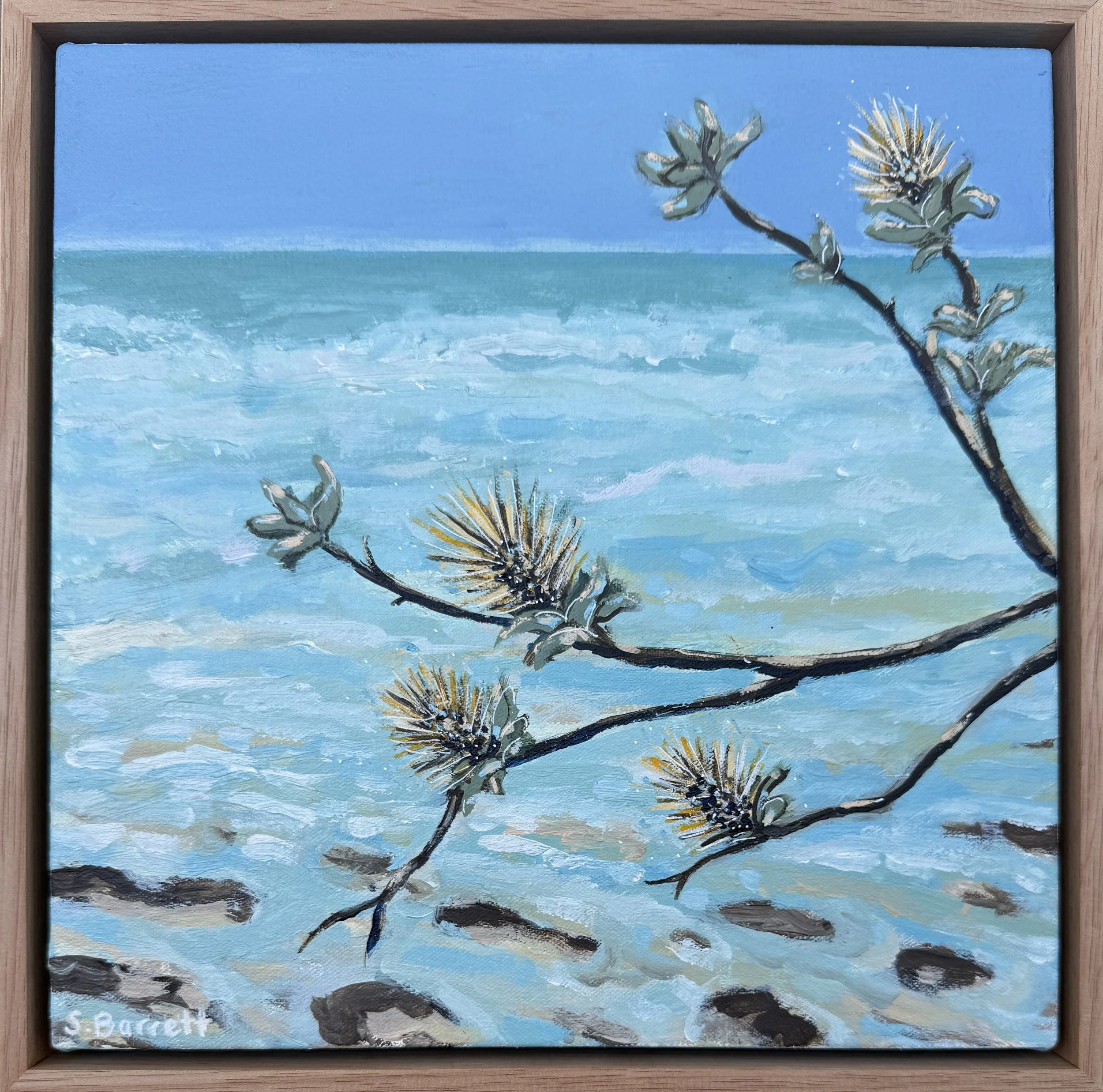 SOLD - Beyond The Edge Of The Surf / Acrylic on canvas, oak frame / 23 x 23cm / 2025 / "Beyond", small works series, Foot Square 2025 Finalist