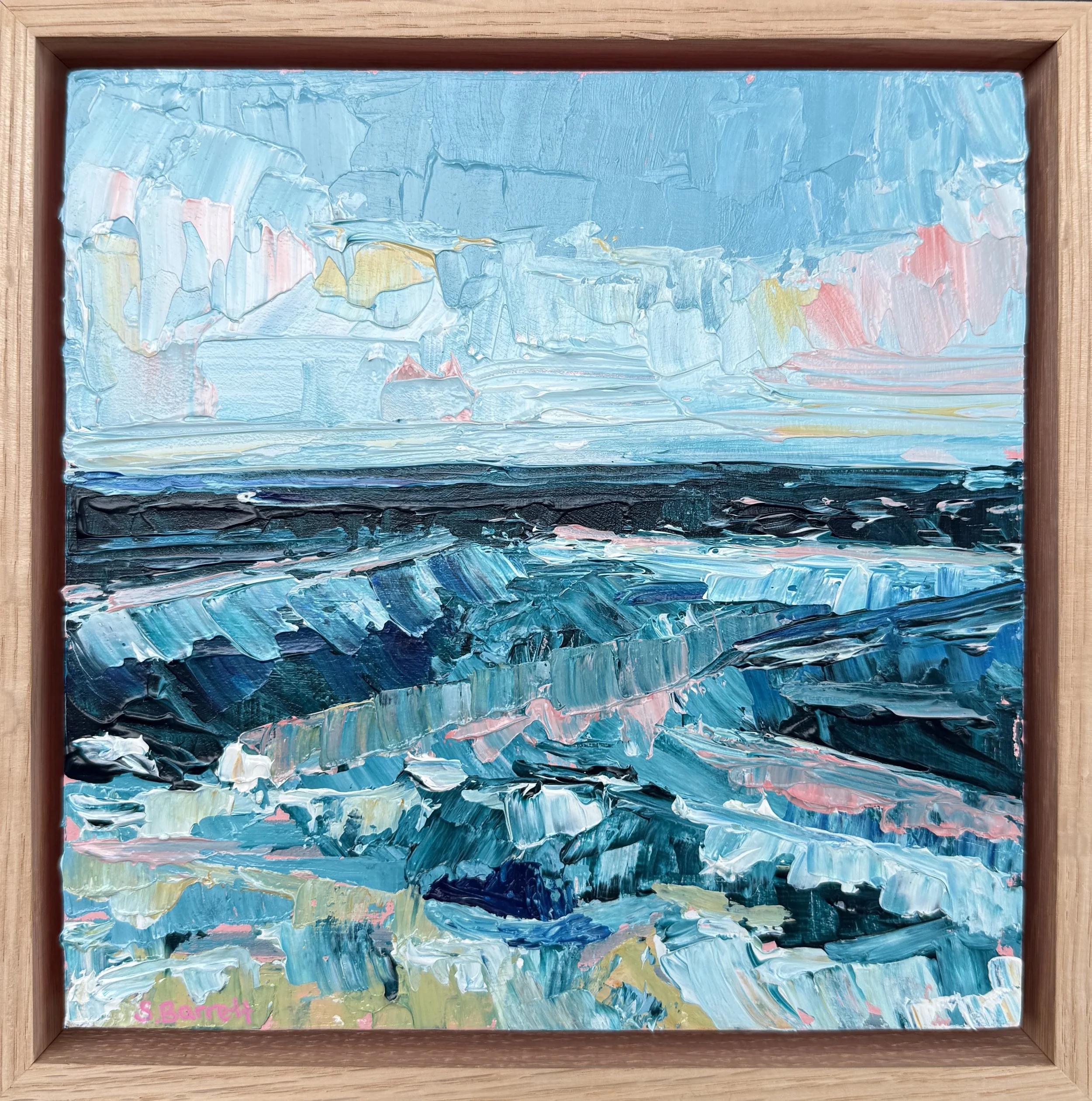 Beach Day No 4 / acrylic on cradled board, oak frame / 23.5 x 23.5cm / 2026 / available at www.bluethumb.com.au