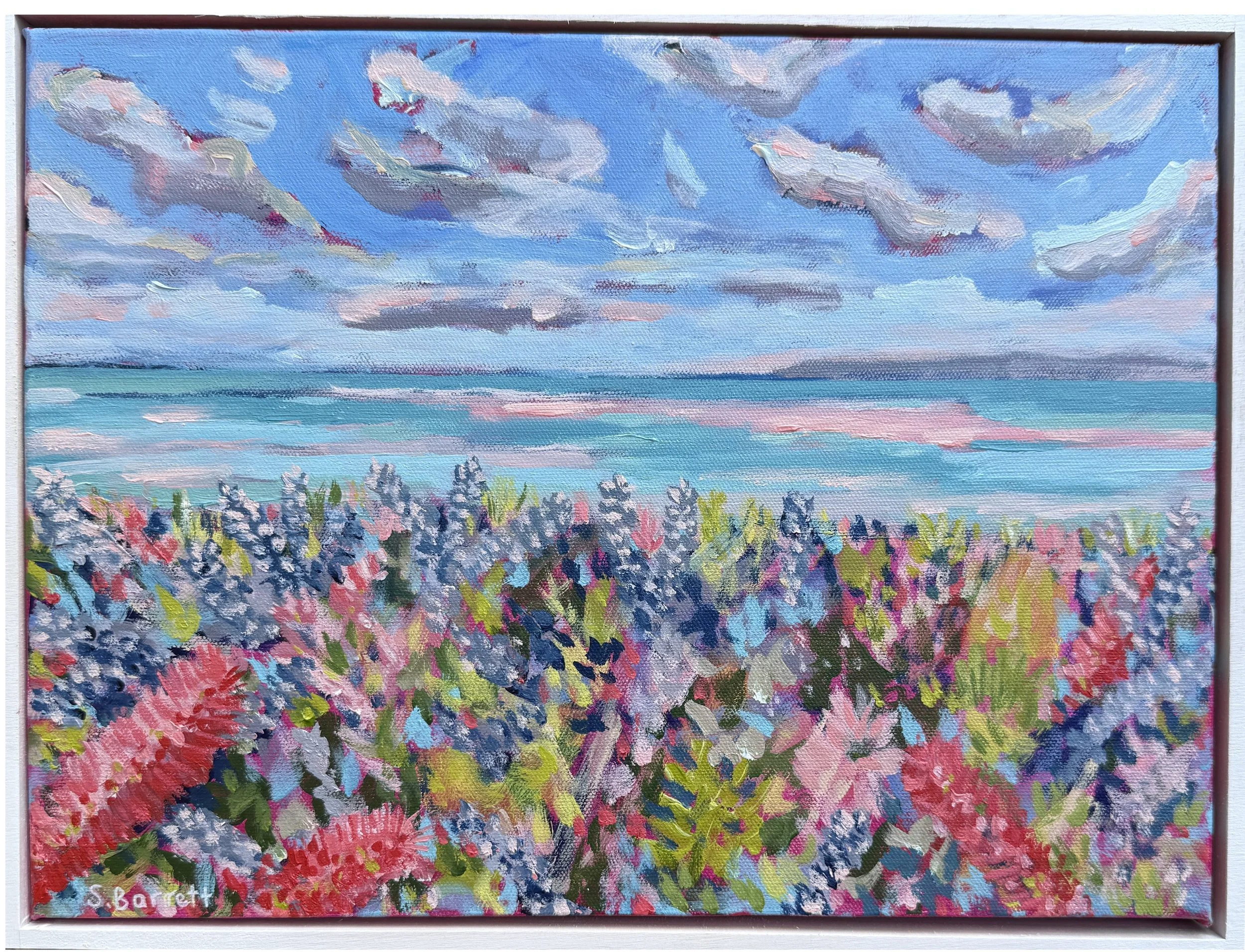 SOLD - Bloomside Breeze / acrylic on canvas, white wood frame / 42 x 32cm / 2025 / Commissioned painting