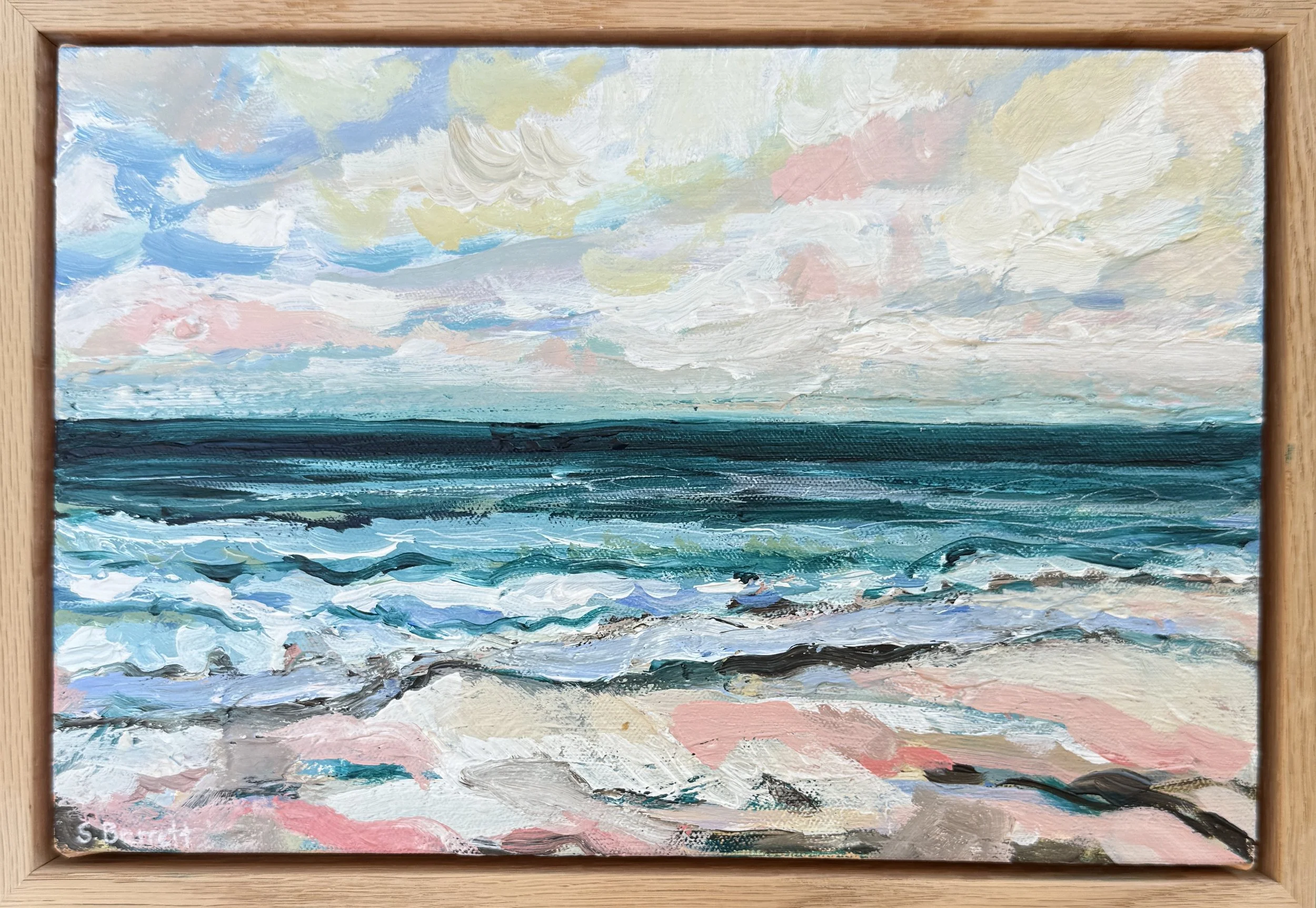 Patchwork Coast / acrylic on canvas, oak frame / 33 x 23cm / 2026 / Available at www.bluethumb.com.au