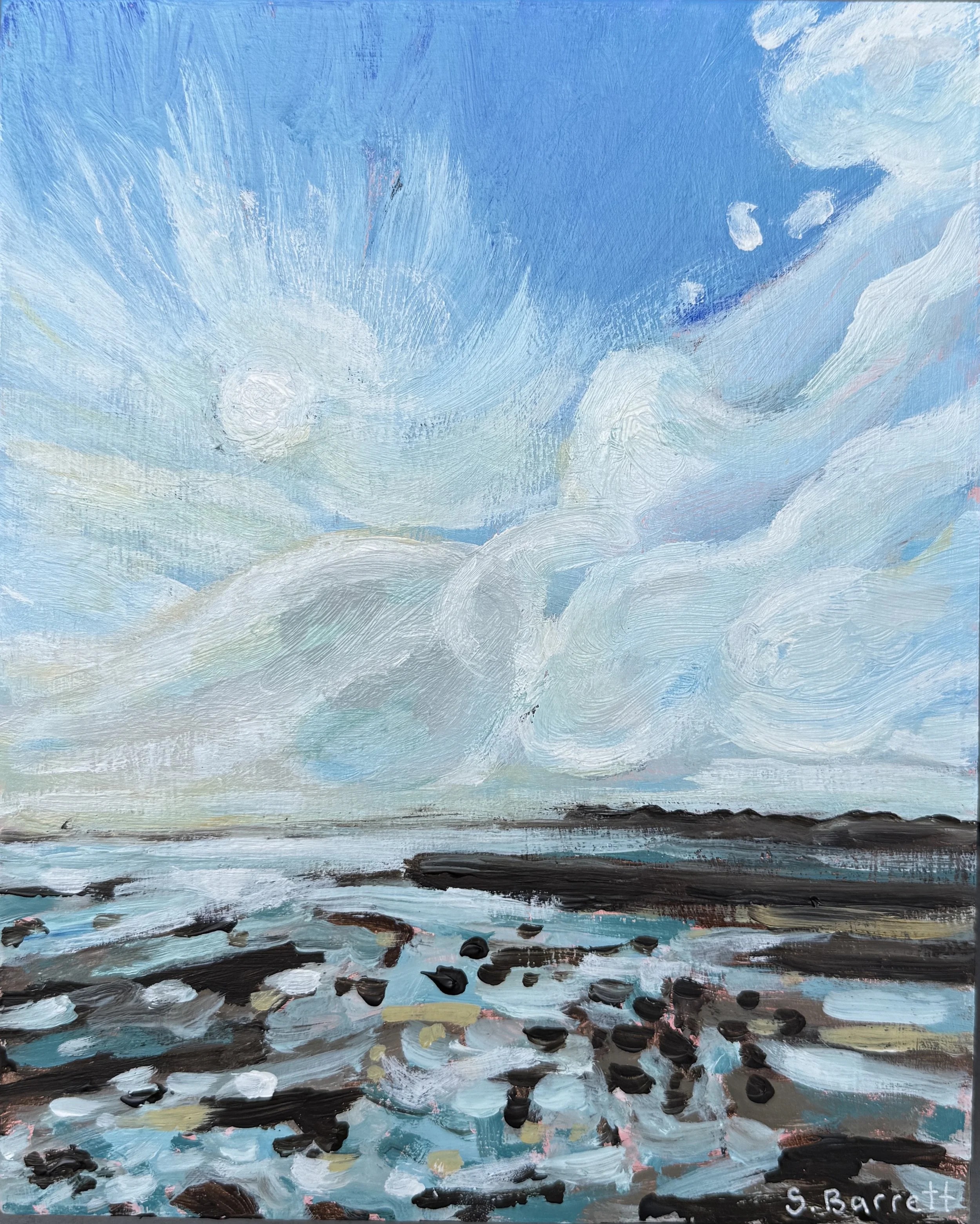 Low Tide At Wynnum / acrylic on cradled board / 20.5 x 25.5cm/ 2026 / available at www.bluethumb.com.au