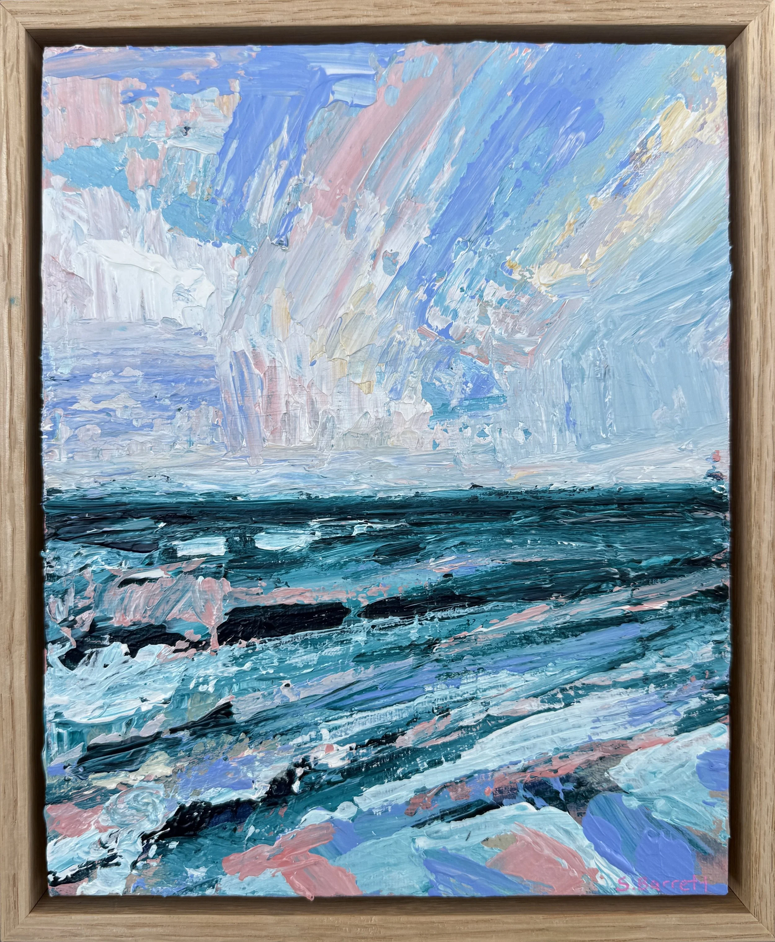 Saltwater No 1 / acrylic on canvas board, oak frame / 23.5 x 28.5cm / 2026 / Available on www.bluethumb.com.au