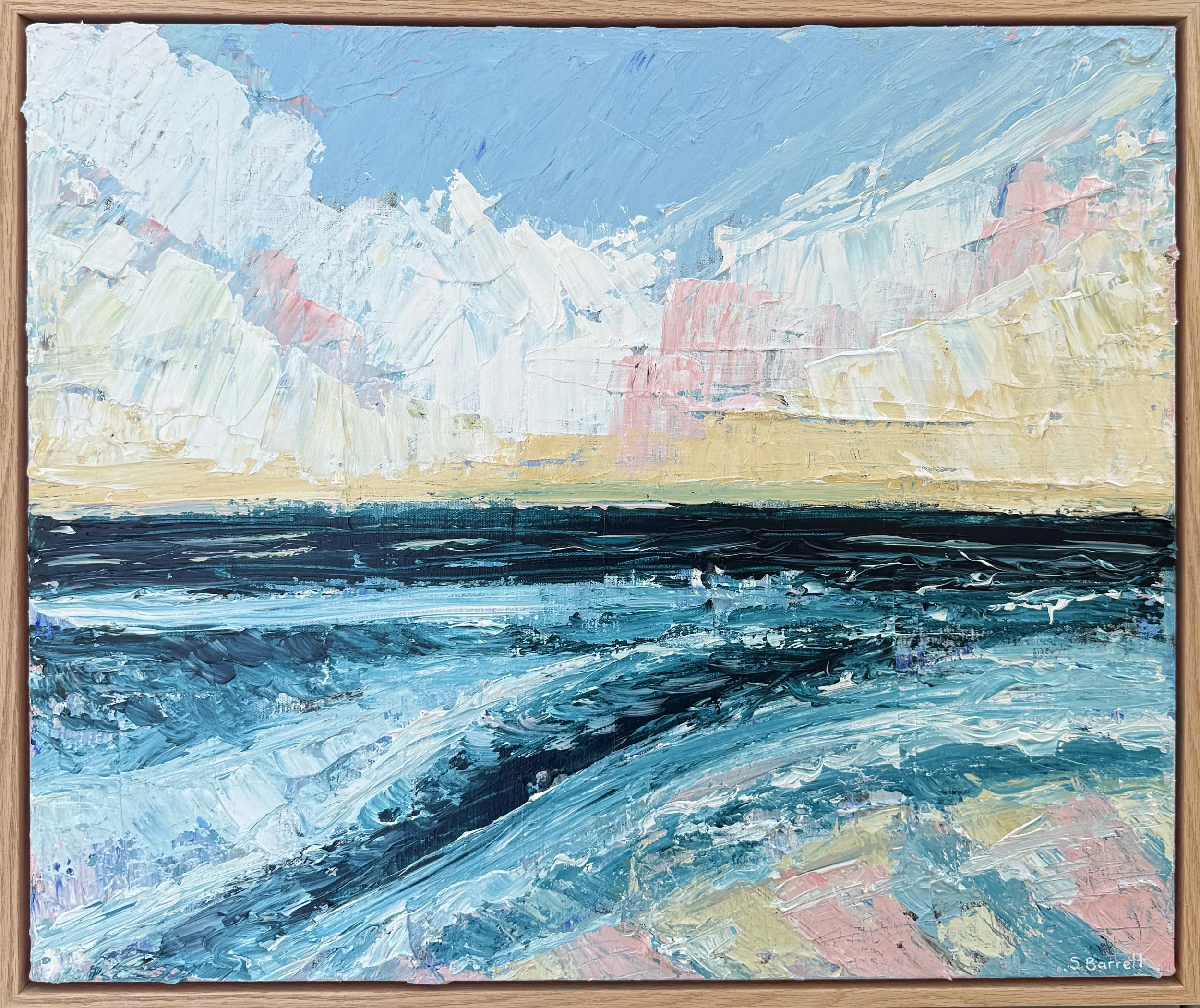 Sherbet Coast / acrylic on canvas, oak frame / 63 x 53cm / 2026 / Available on www.bluethumb.com.au