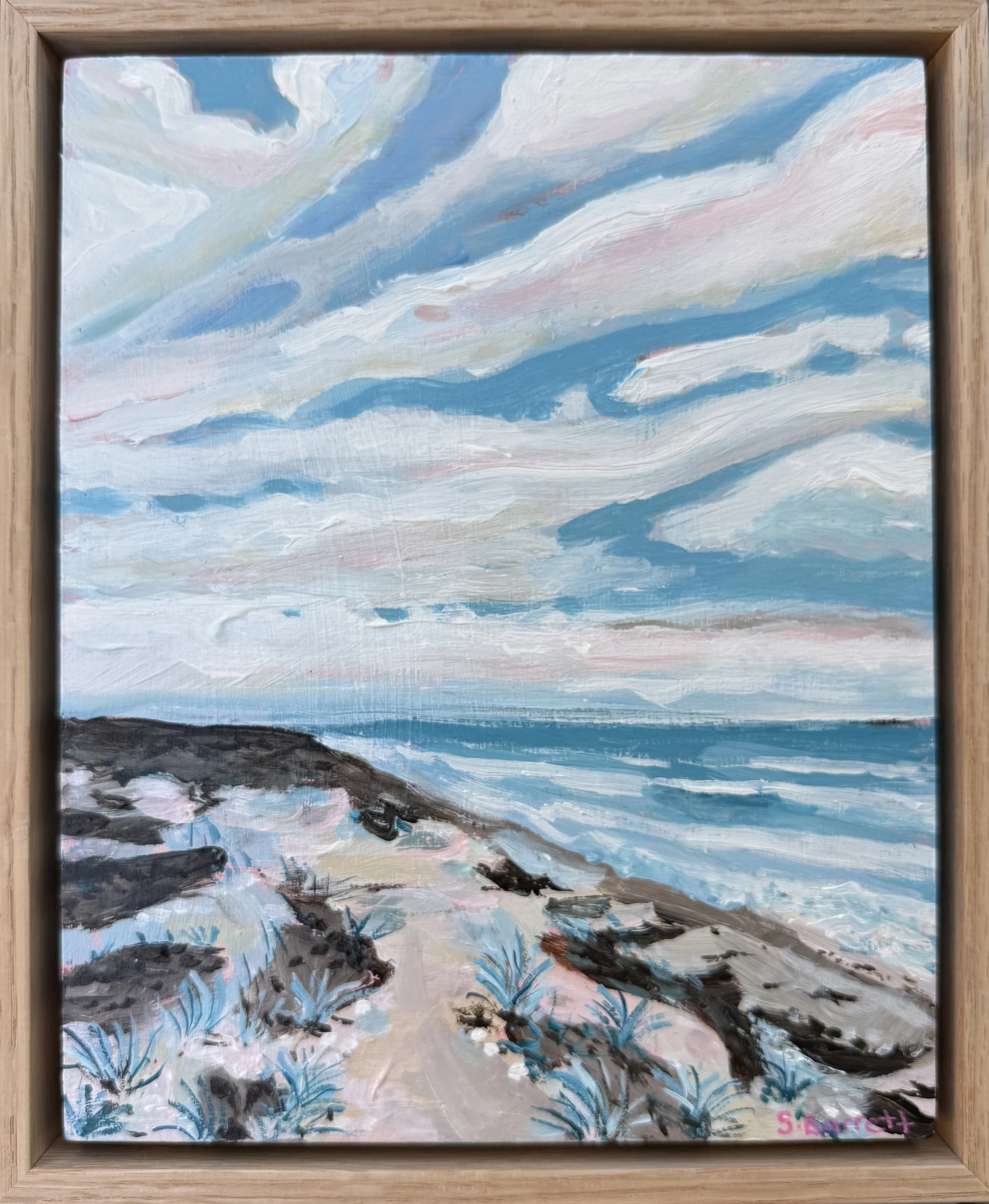 High Tide Coastal / acrylic on cradled board, oak frame / 23.5 x 28.5cm / 2026 / available at www.bluethumb.com.au