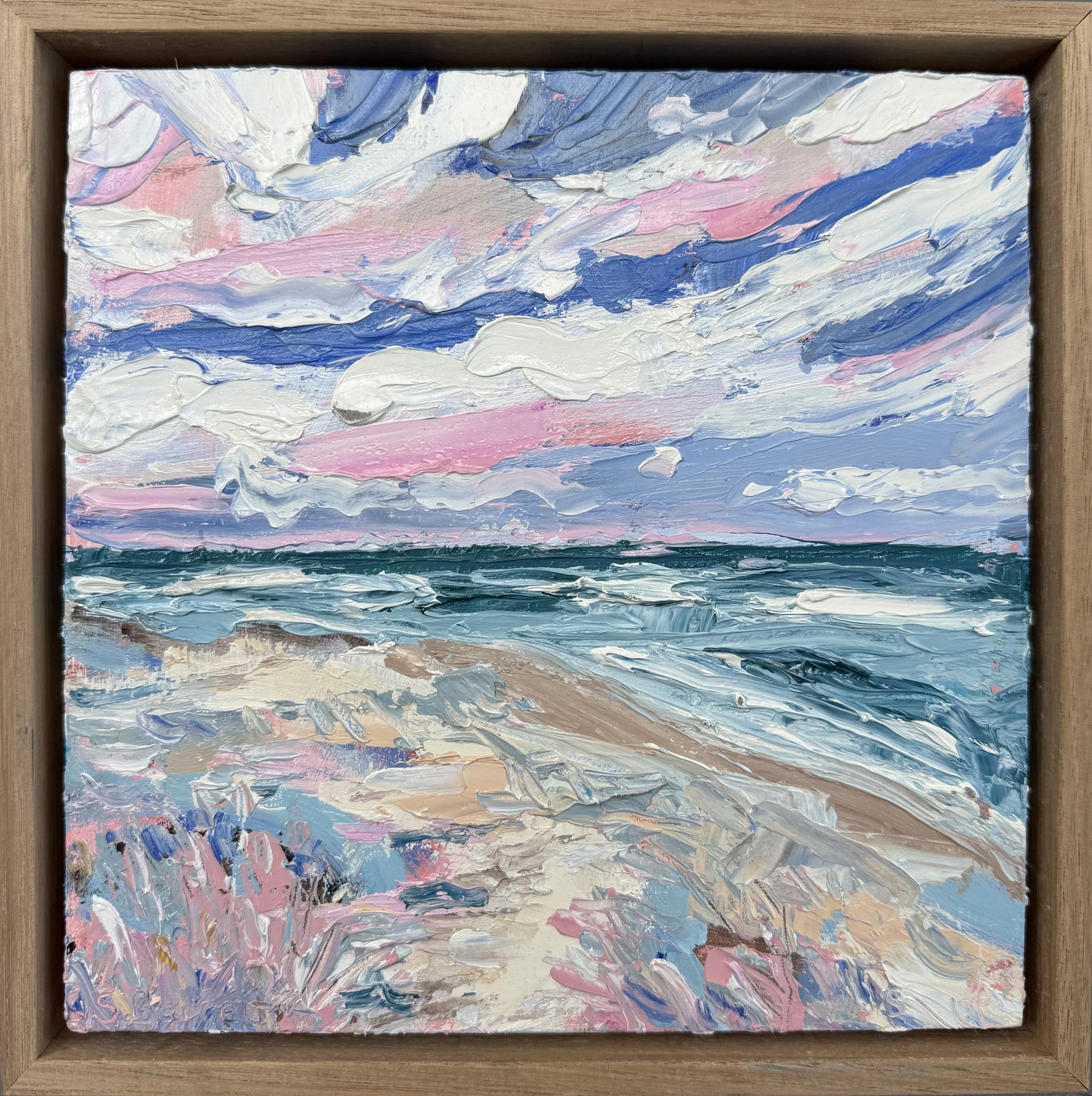 Beach Path / oil on cradled board, framed in oak / 23 x 23cm / 2026 / Available on www.bluethumb.com.au
