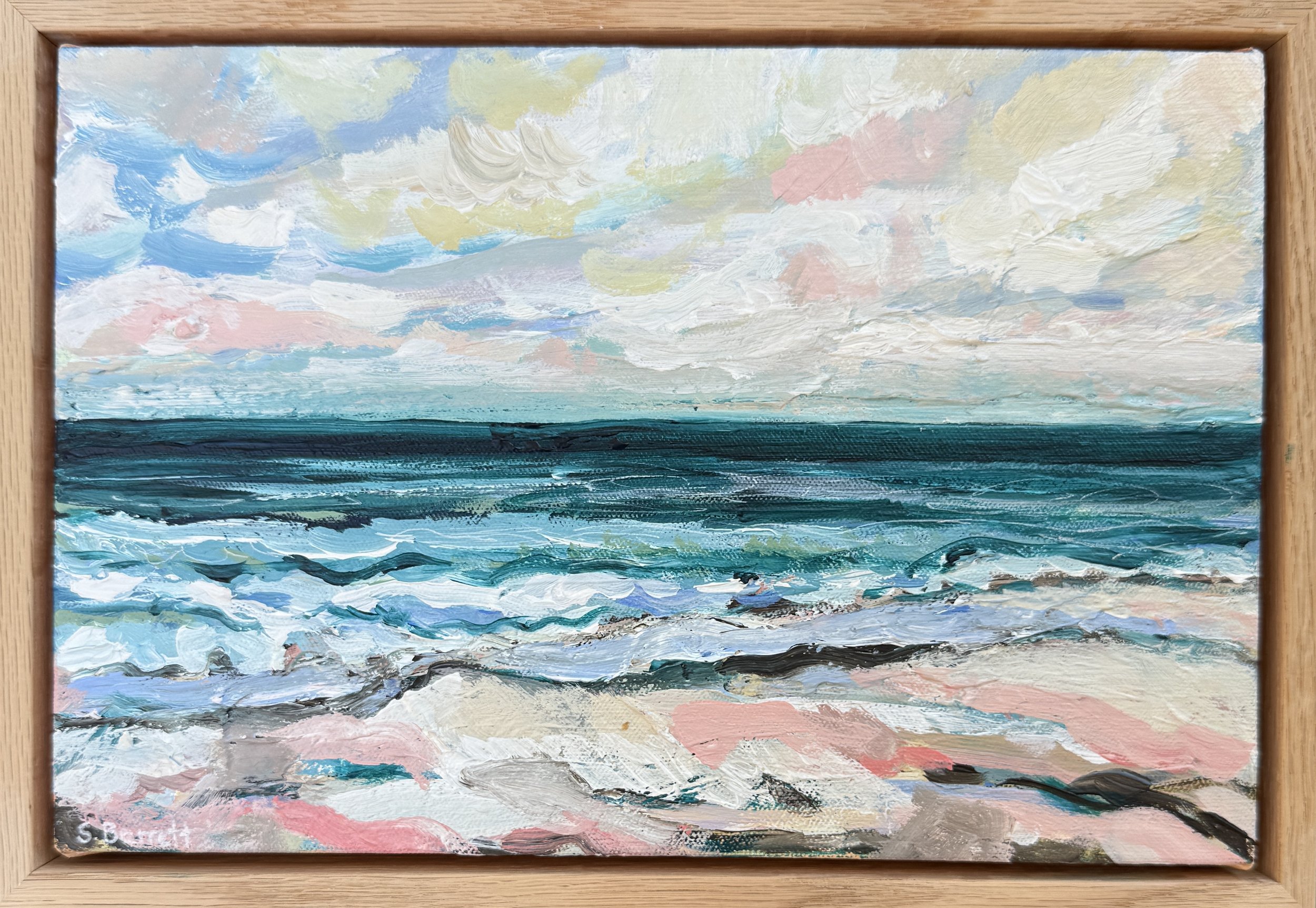 An oil painting of a turbulent ocean under a cloudy sky, with shades of blue and white.
