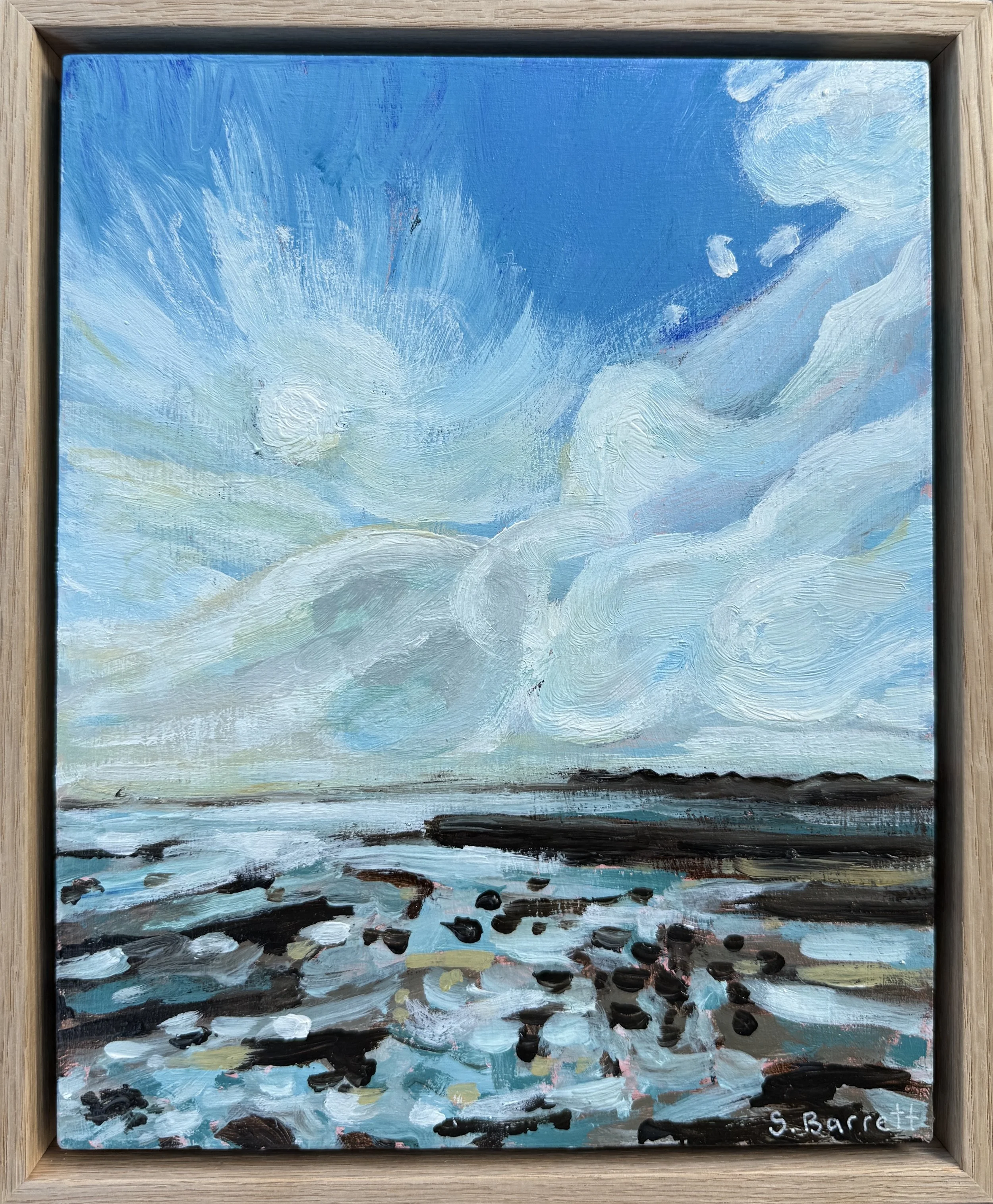 Low Tide Bayside / acrylic on cradled board, oak frame / 23.5 x 28.5cm / 2026 / available at www.bluethumb.com.au
