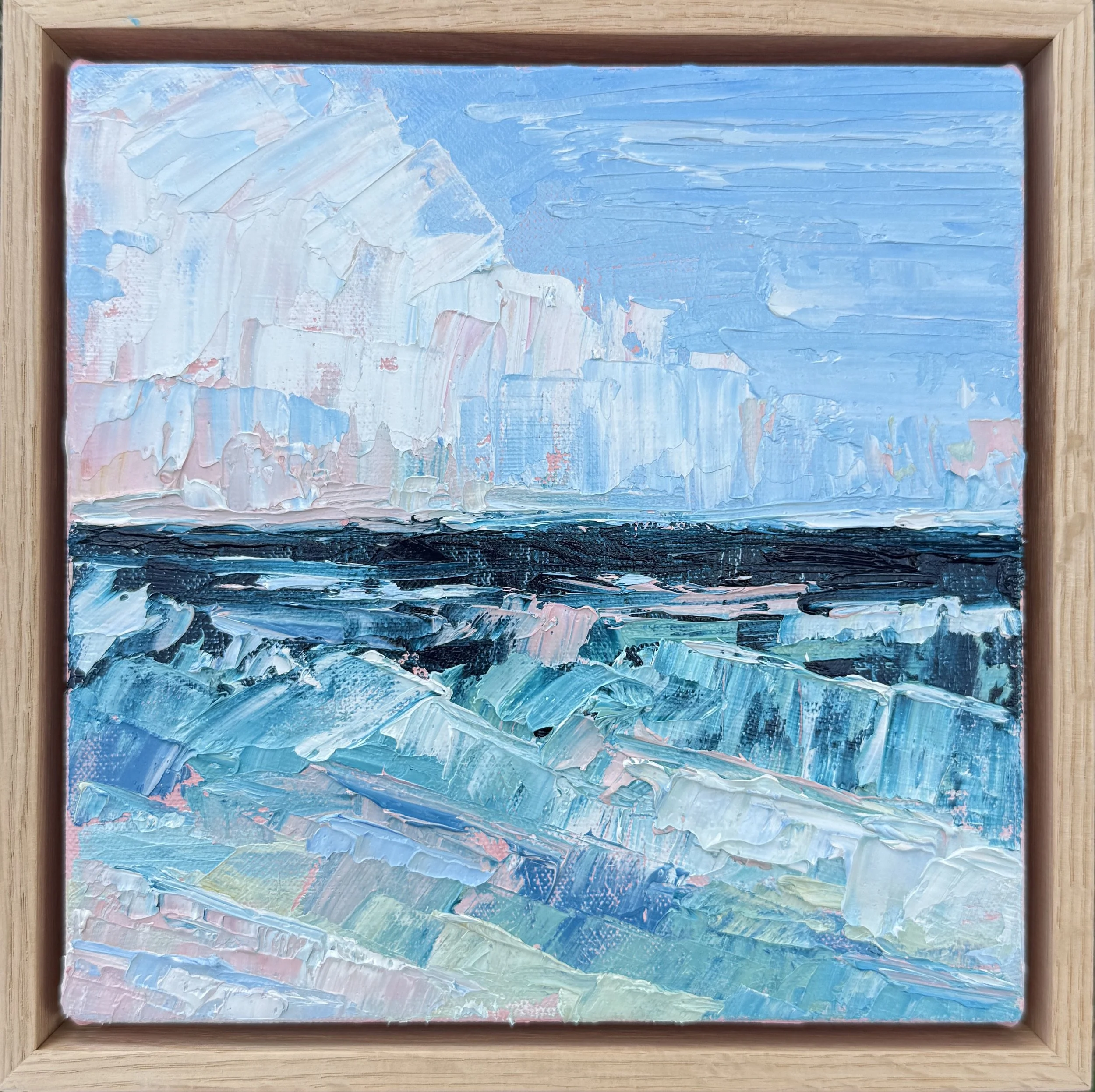 Coastal Whispers / oil on canvas, oak frame / 23 x 23cm / 2026 / Available on www.bluethumb.com.au