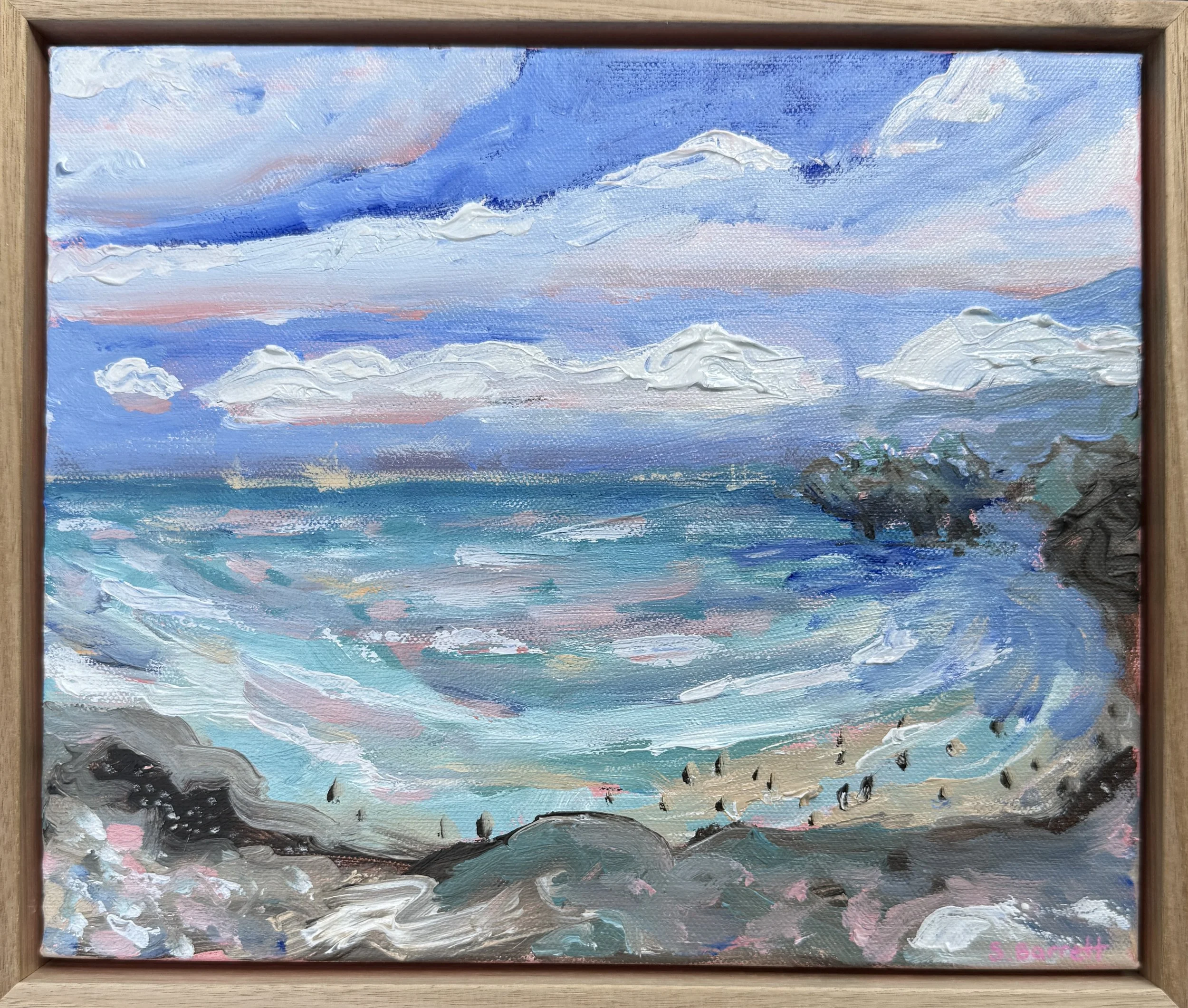 On A Quiet Street In The Suburbs / acrylic on canvas, oak frame / 33 x 28cm / 2026 / available as a Staff Picks at www.bluethumb.com.au