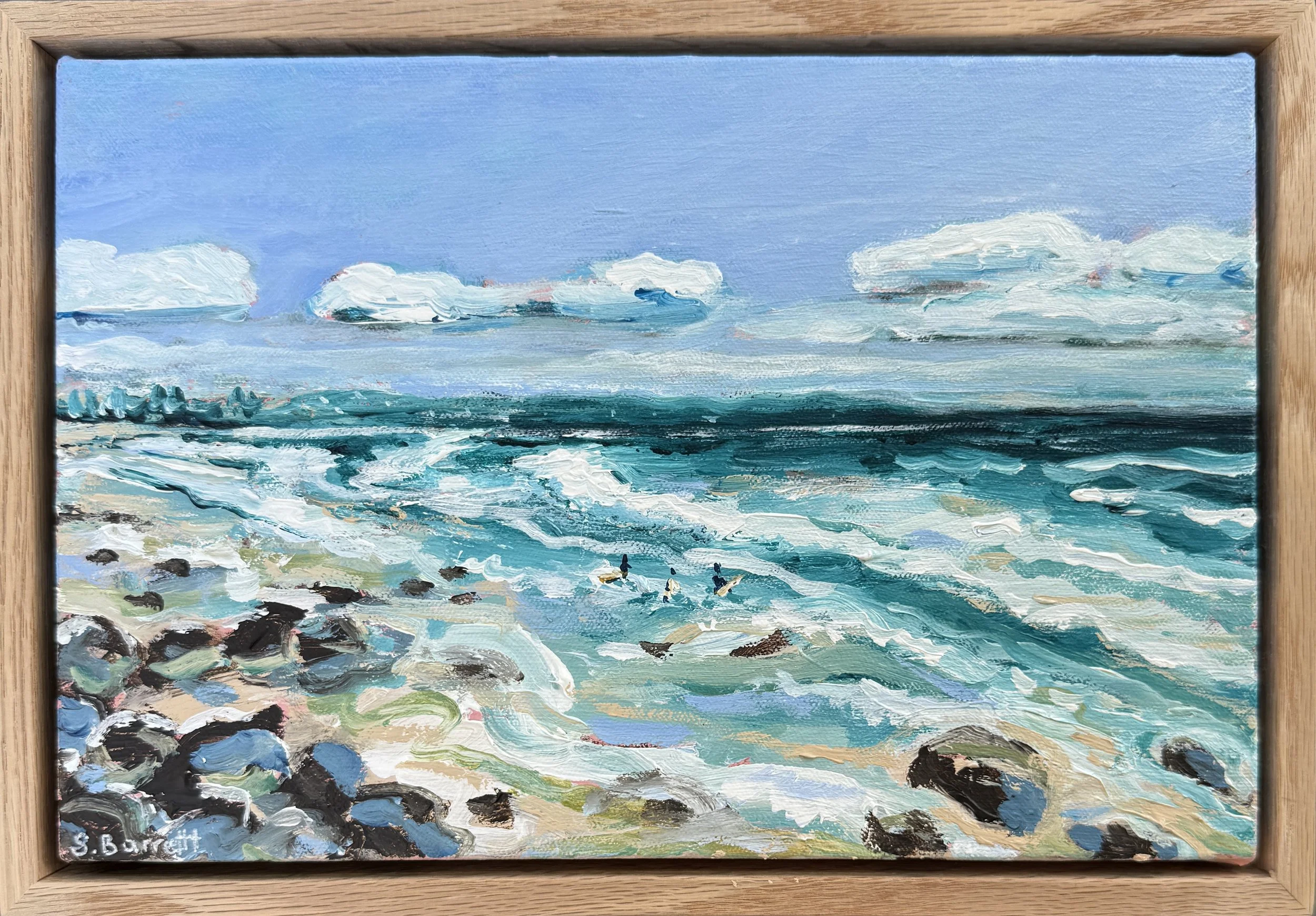Beach Days / acrylic on canvas, oak frame / 33 x 23cm / 2026 / Available at www.bluethumb.com.au