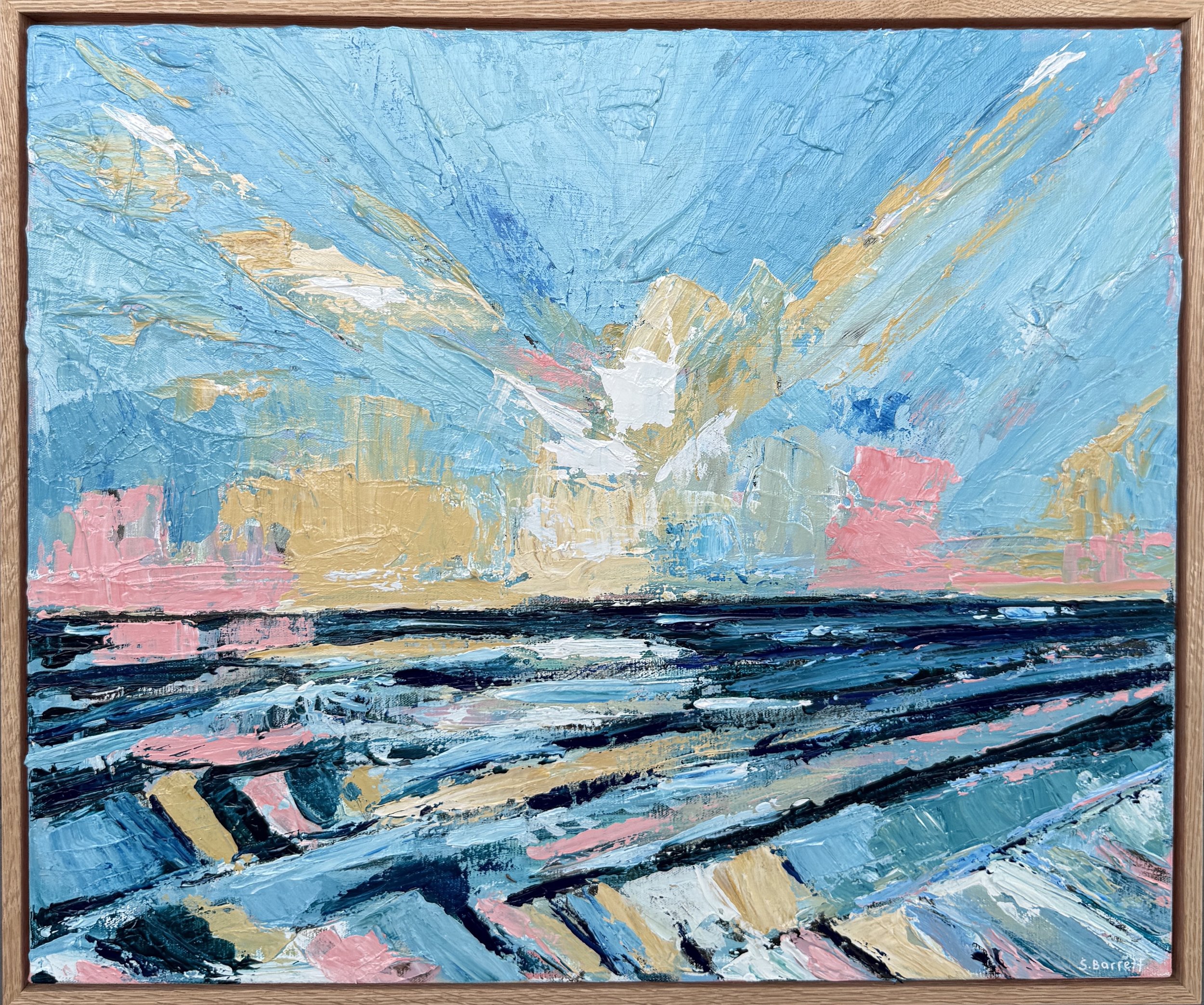 A Quiet Distance / acrylic on canvas, oak frame / 63 x 53cm / 2026 / Available at www.bluethumb.com.au