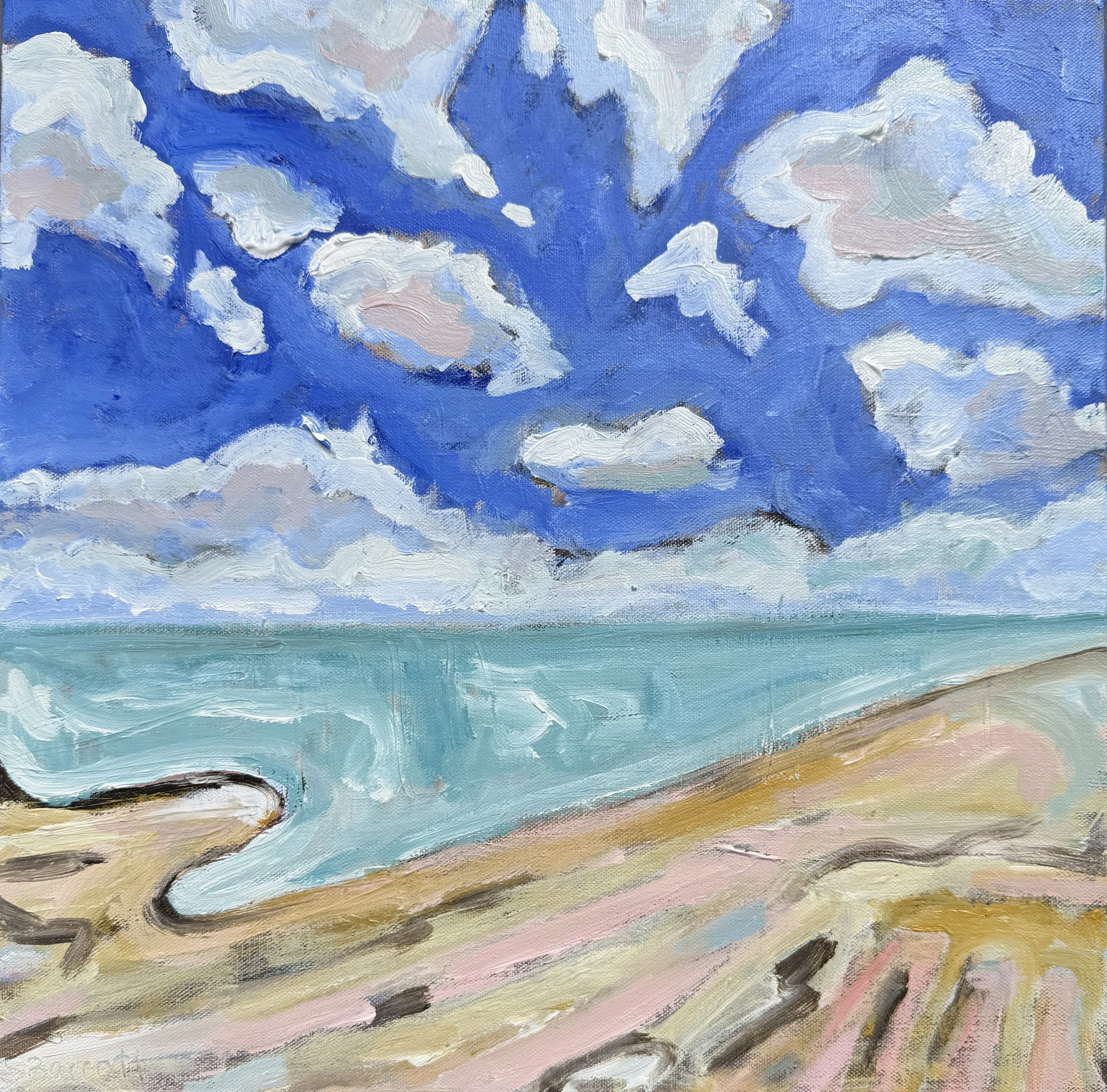 When Clouds Roll Out / acrylic on canvas, oak frame /48 x 48cm / 2025 / Available as a Staff Picks on www.bluethumb.com.au