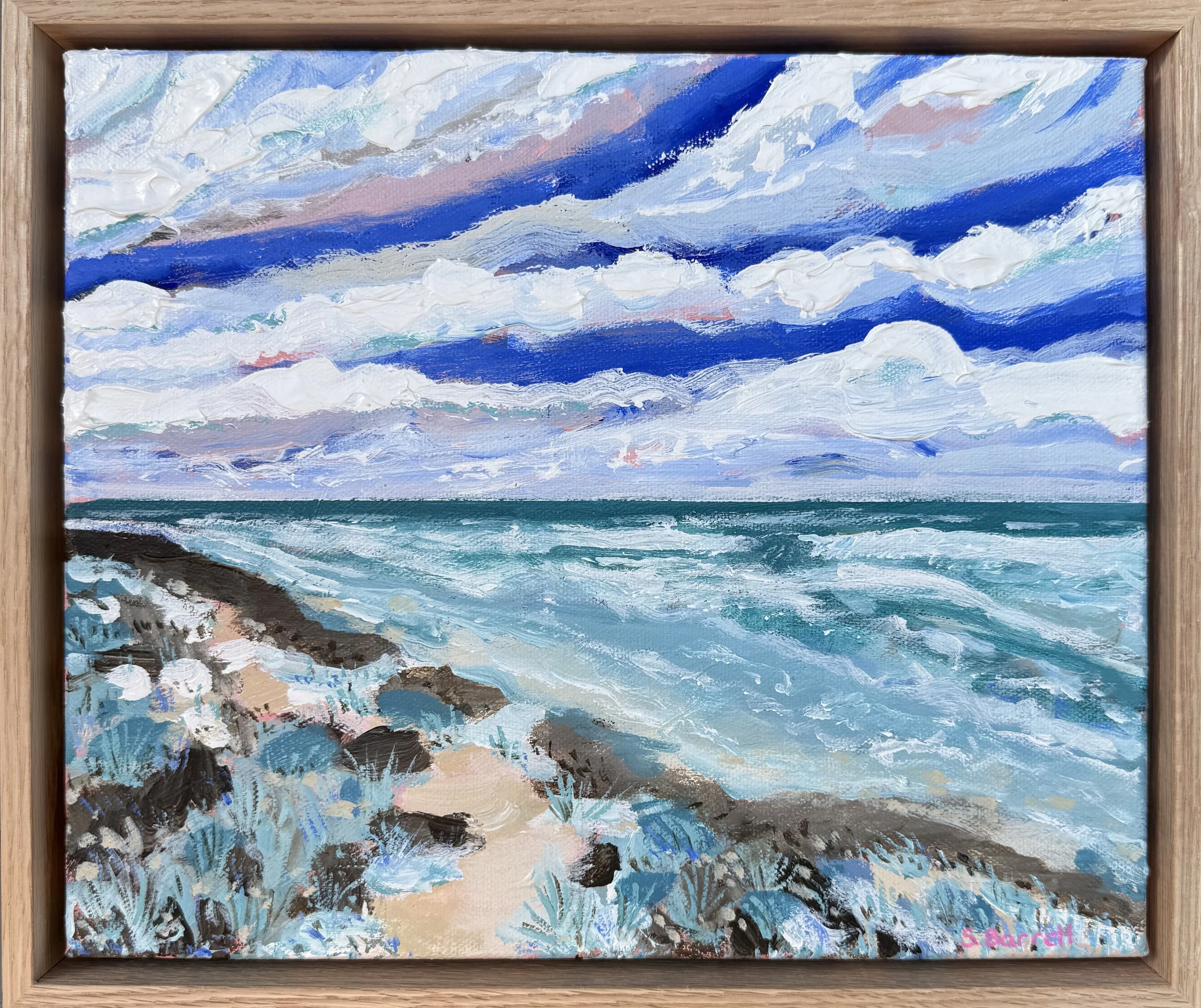 On A Quiet Beach In The Suburbs / acrylic on canvas, oak frame / 23 x 33cm / 2026 / available at www.bluethumb.com.au