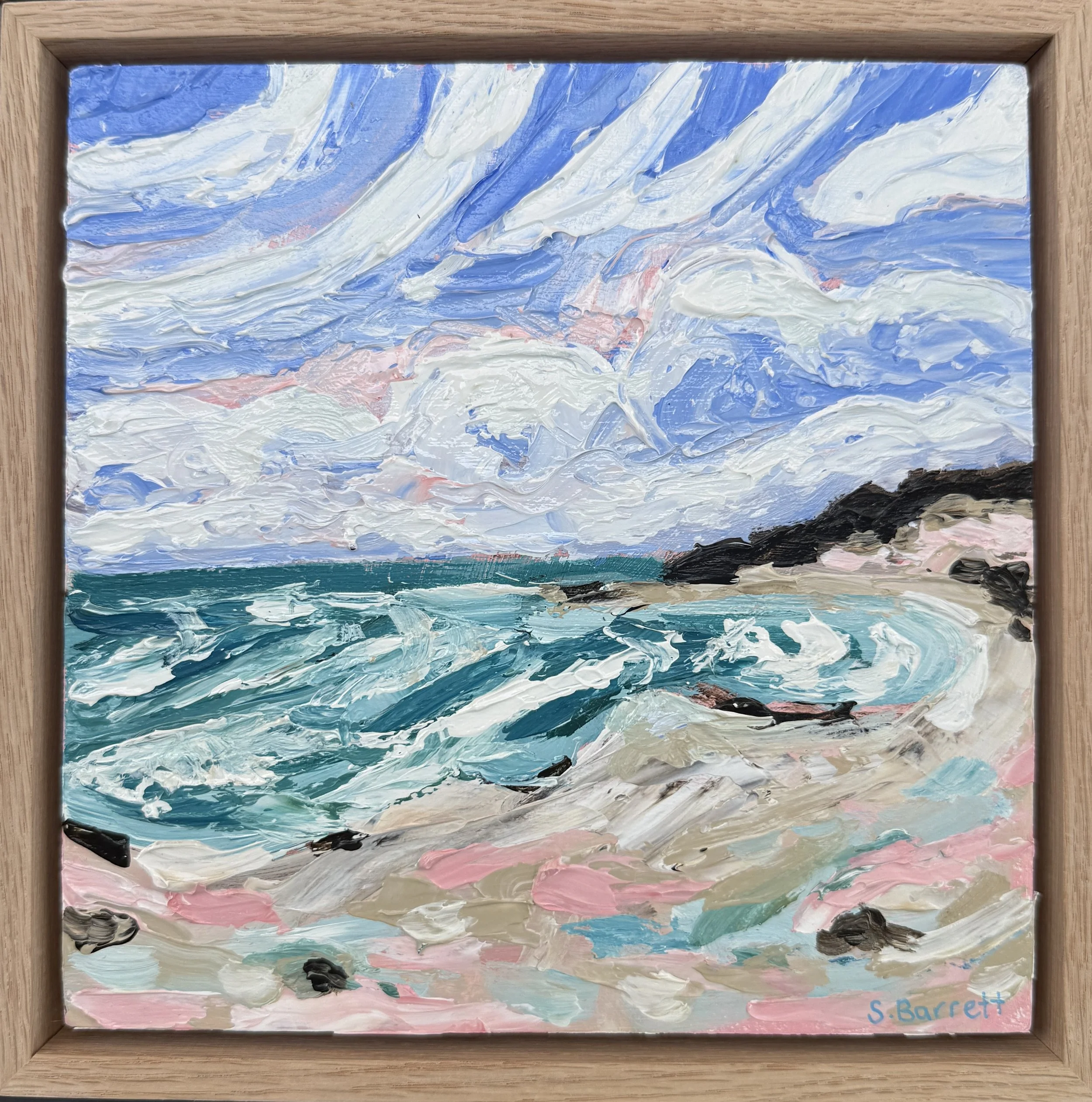 Saltwater Daydreams IV / acrylic on cradled board, oak frame /20.5 x 20.5cm / 2025 / Available at www.bluethumb.com.au