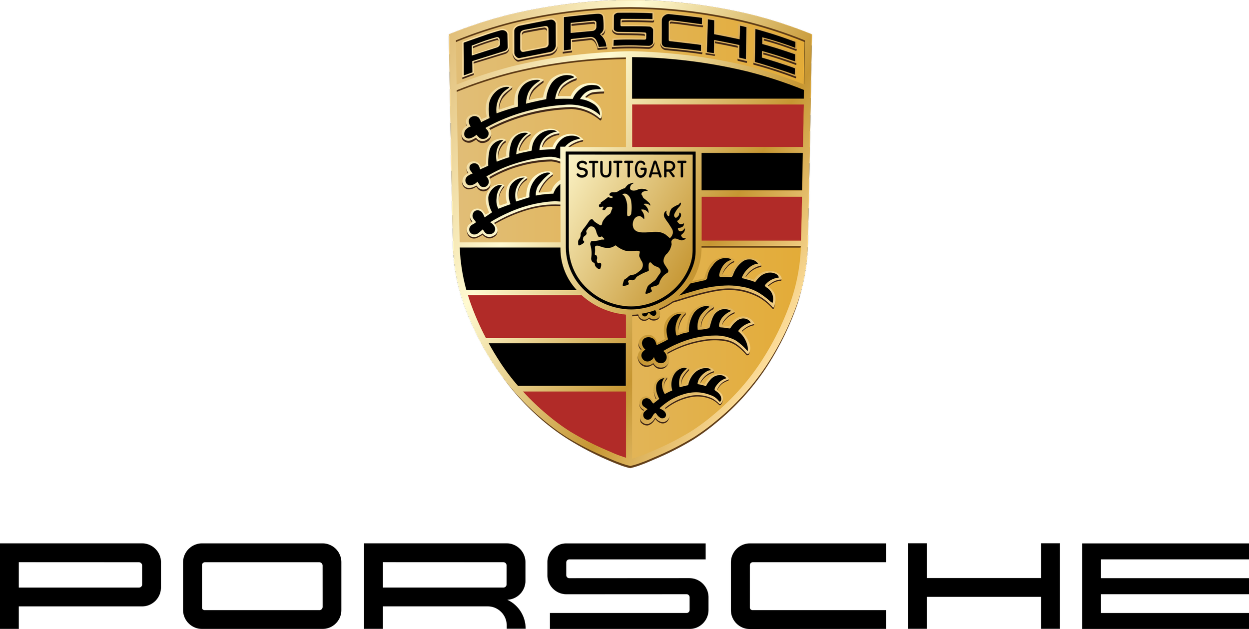 Porsche emblem with gold, black, and red elements, featuring a black horse, the word 'STUTTGART,' and decorative black and gold patterns, on a black background.
