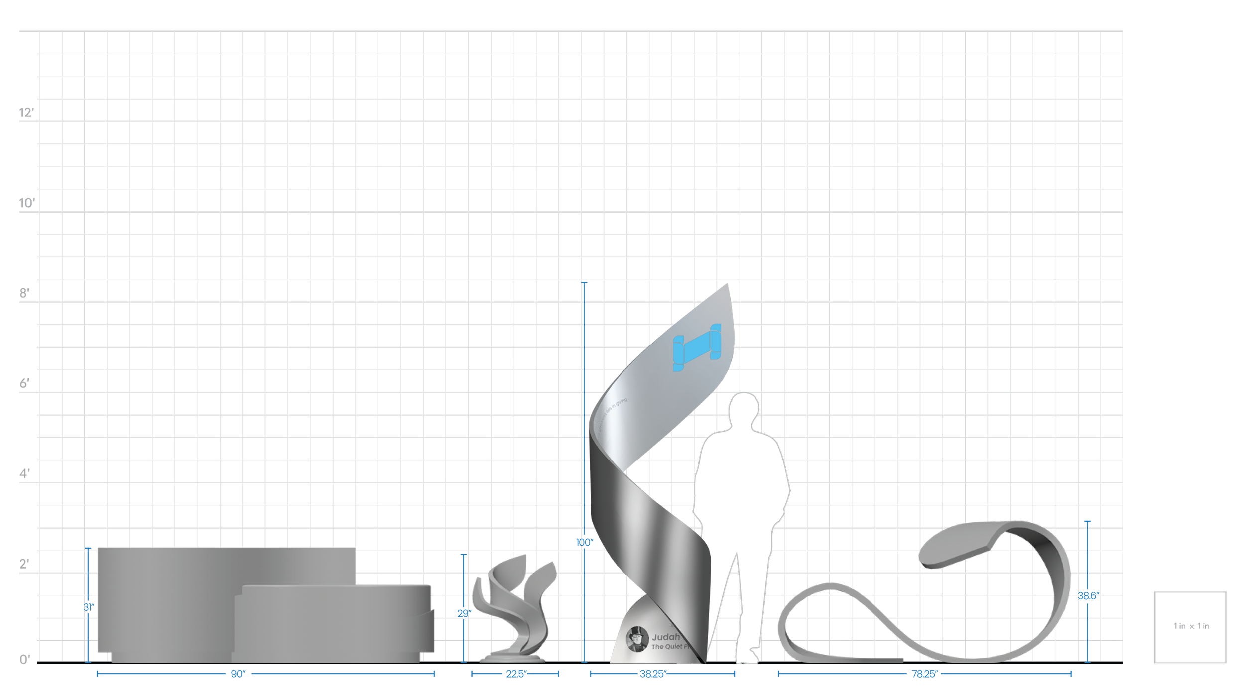 A digital floor plan with black background, grid lines, and measurements, featuring a white silhouette of a person, a gray abstract sculpture, and a gray barstool.