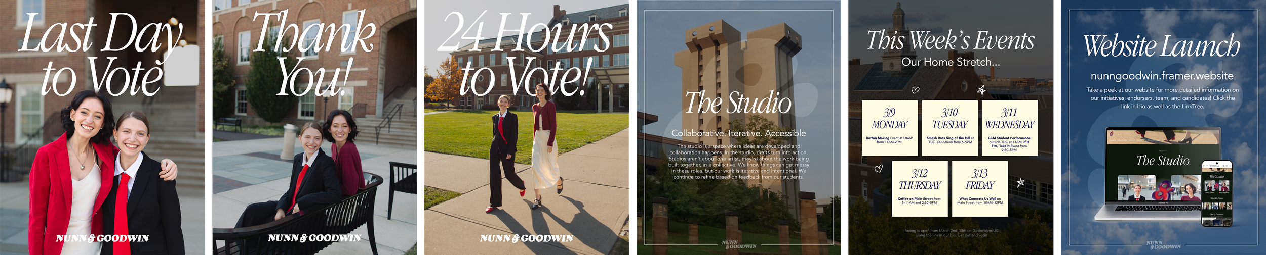A collage of promotional images and announcements for Nunn & Goodwin, featuring happy people, voting reminders, and event details, with a website URL on a blue background.