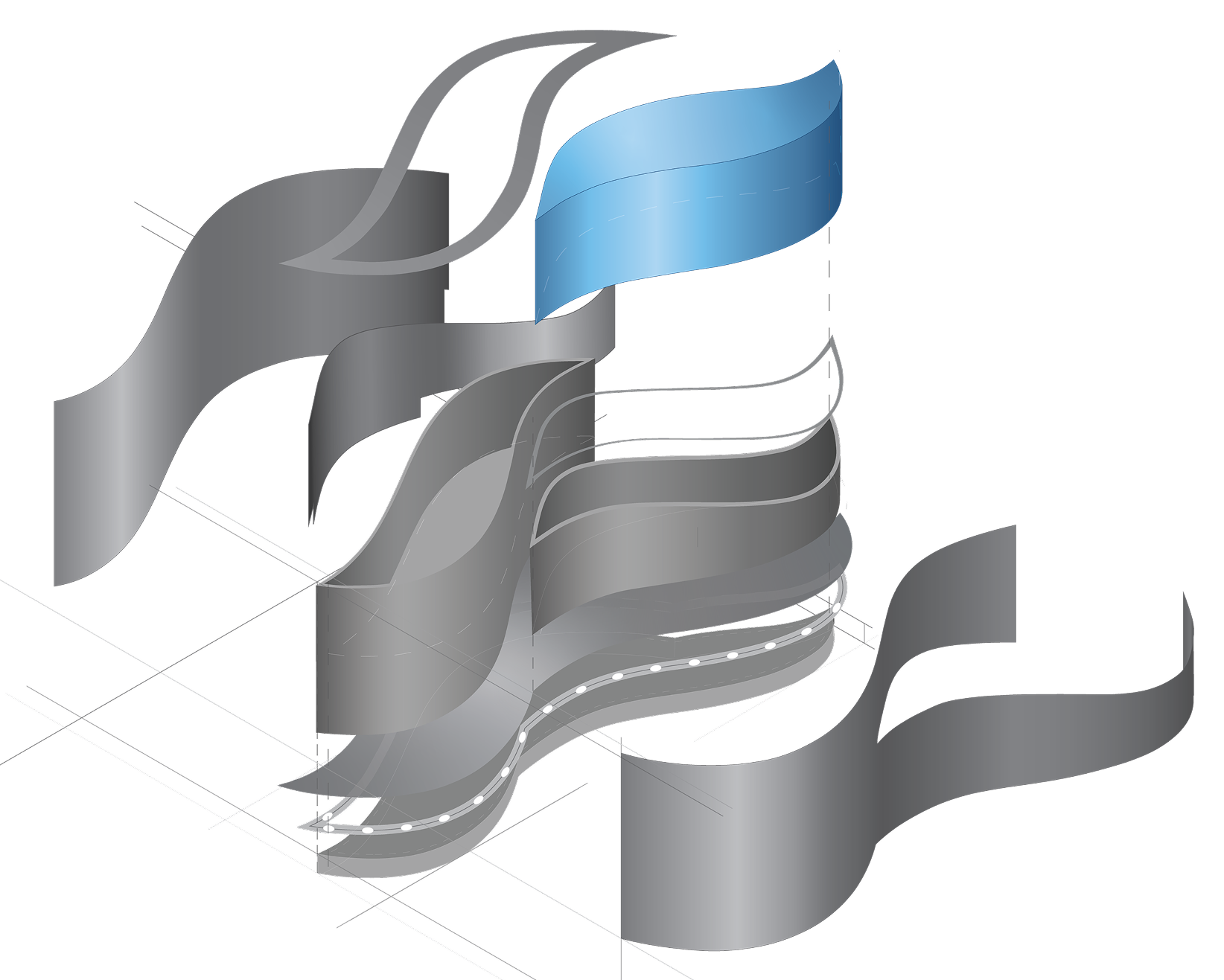 3D model showcasing a complex mechanical or architectural structure with curved and layered elements in shades of gray, blue, and black.