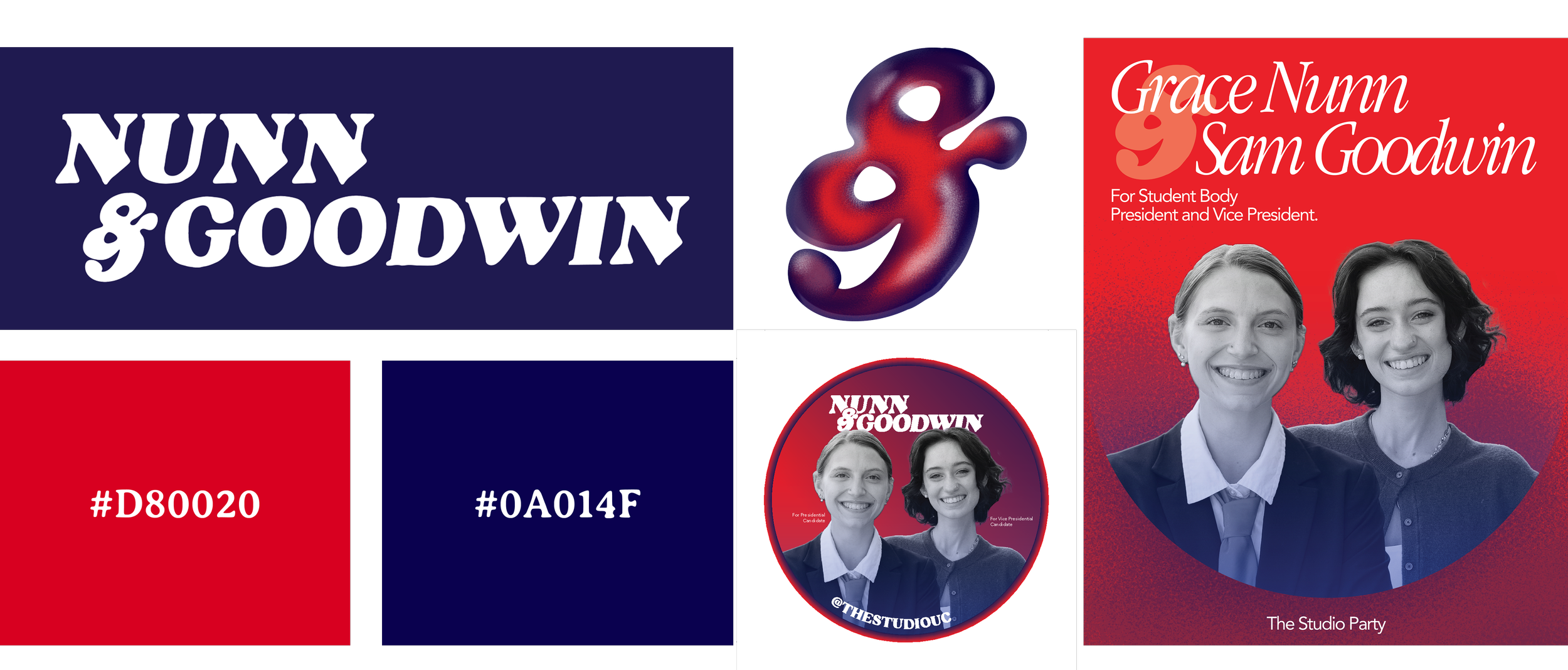 Graphic design featuring blue, red, and white colors with text and photographs of two young women. The text includes names and slogans supporting Nunn and Goodwin for student body president and vice president, along with social media handles and color codes.