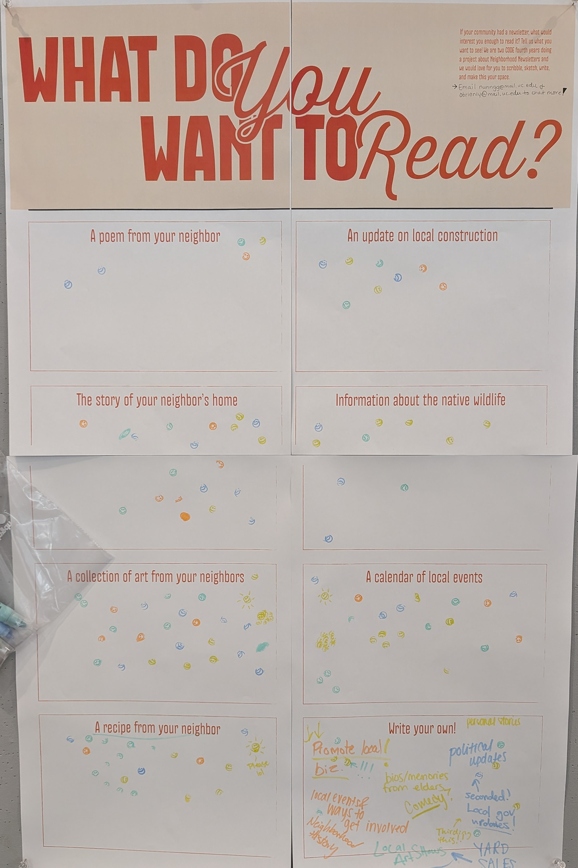 A community bulletin board with a large poster asking, 'What do you want to read?' and sections for sharing poems, updates, stories, art, events, recipes, and ideas, filled with colorful, hand-drawn notes and illustrations.