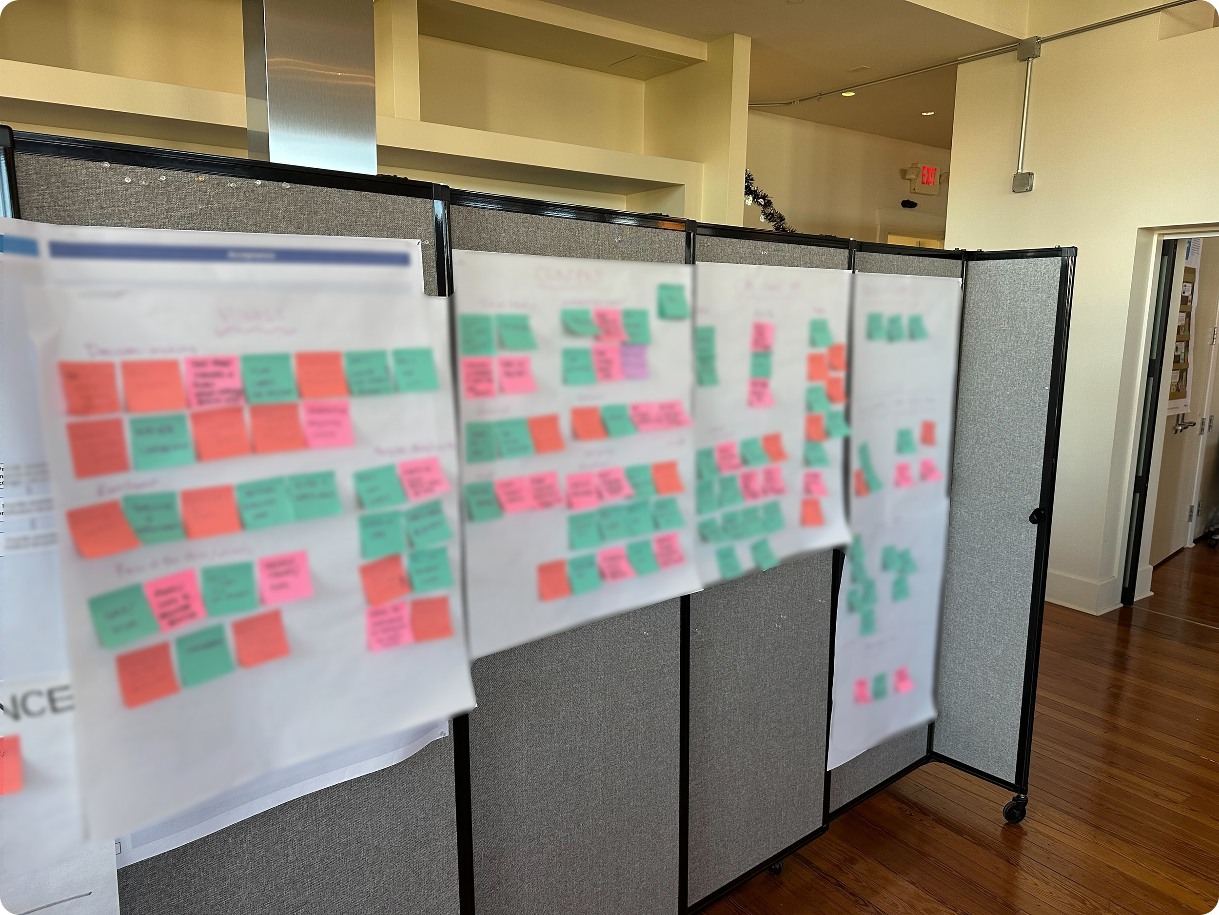 Indoor office or conference room with gray partition boards covered in colorful sticky notes, and a door in the background.