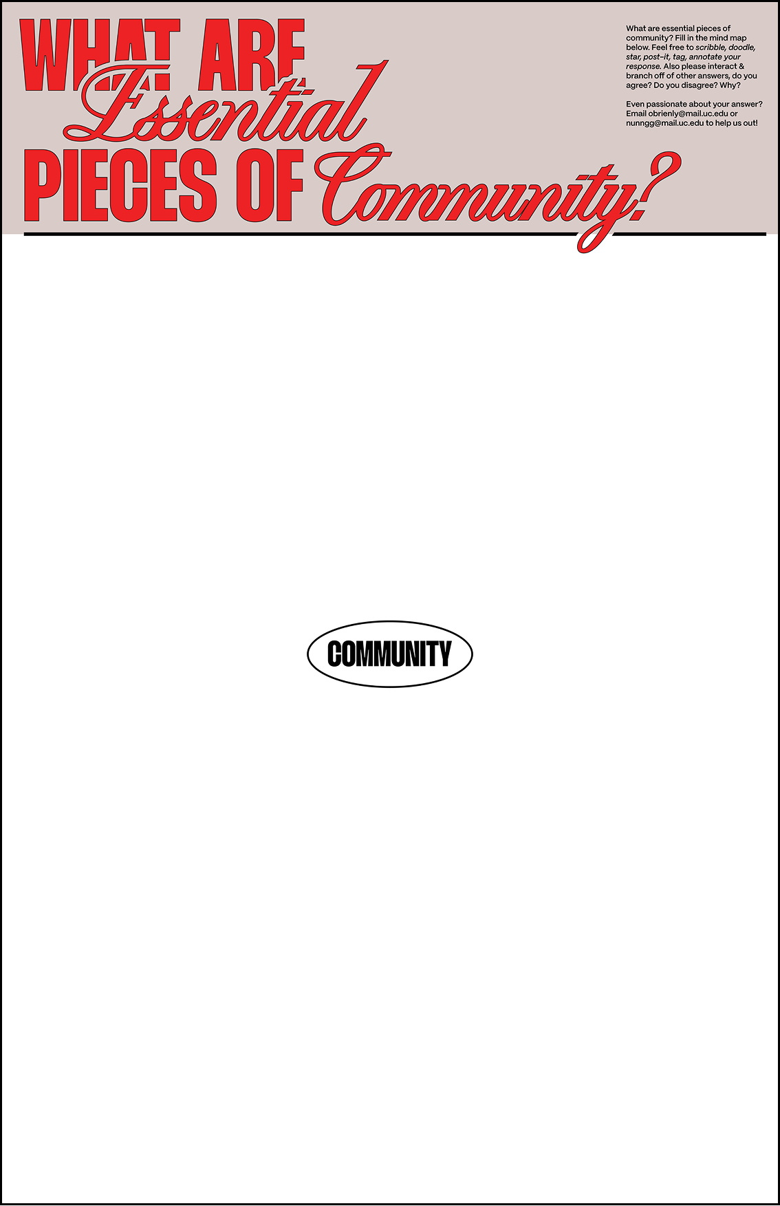 Header with large red and cursive text asking, 'What are essential pieces of community?' and a black button labeled 'Community' in the center. Small paragraph in the top right corner prompts viewers to identify and explain key community pieces.
