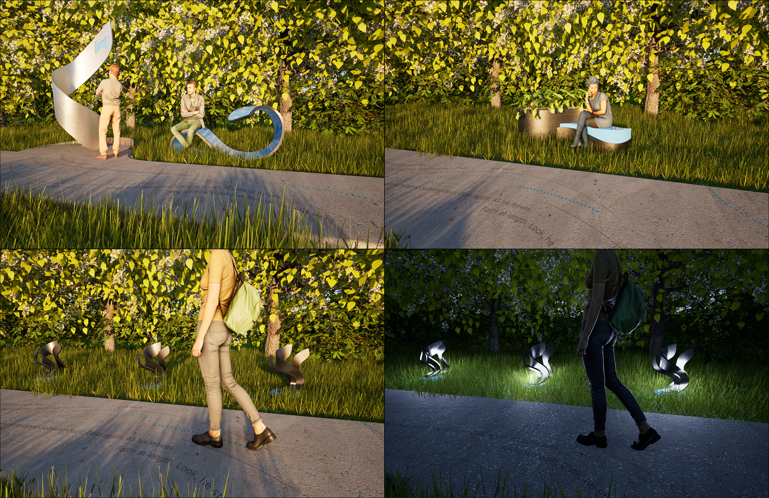 A digital outdoor art installation featuring human figures, trees, and abstract sculptures. The figures are positioned near engraved text on the ground, which appears to be part of a creative exhibit or educational display in a park-like setting.