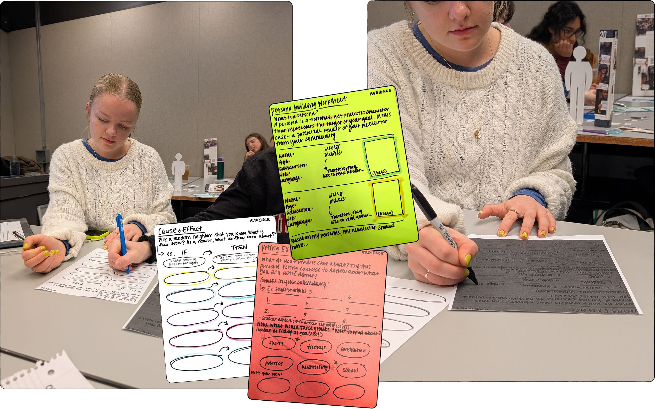 Multiple colorful worksheets and notes on a table, with two young women working on them in a conference room or classroom setting. One woman is writing in a notebook, while the other is holding a yellow worksheet.