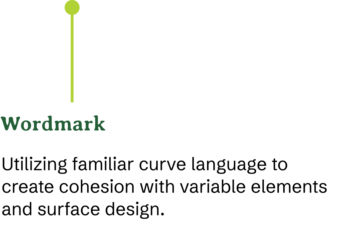 Callout for the 'Wordmark' stating that the wordmark is "utilizing familiar curve language to create cohesion with variable elements and surface design."