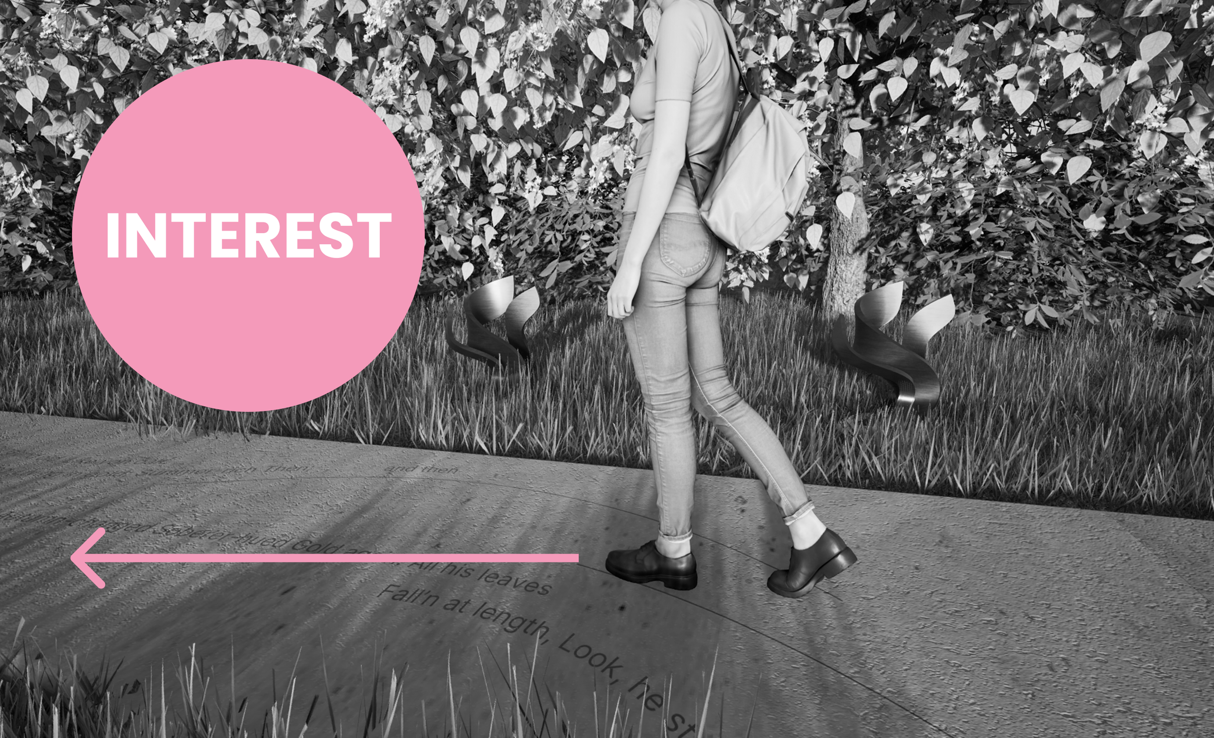 A woman with a backpack standing outdoors near a large bush with heart-shaped leaves, with a pink circular overlay featuring the word 'INTEREST' in white capital letters.