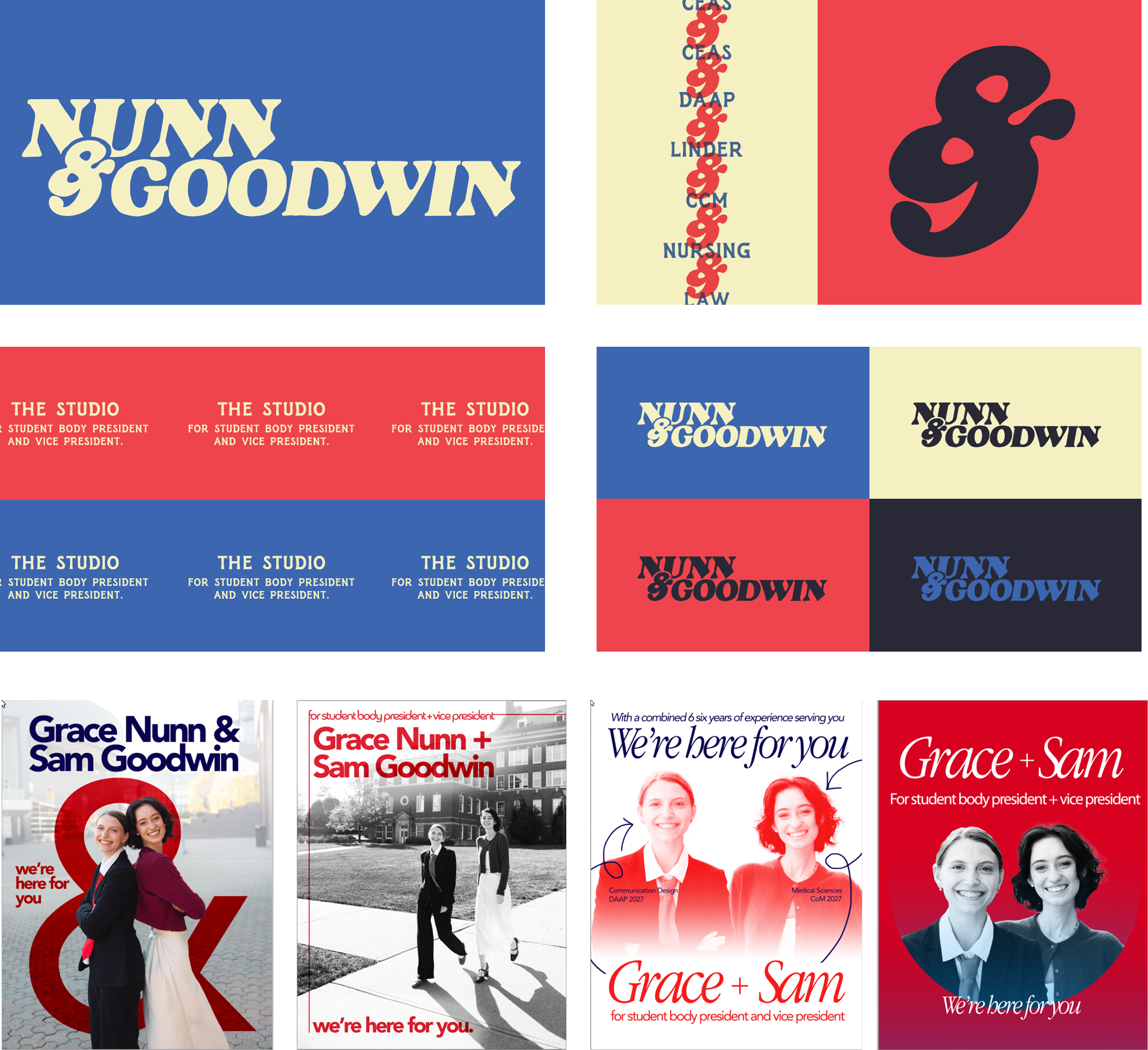 A collage of campaign posters for Grace Nunn and Sam Goodwin running for student body president and vice president, featuring their names, photos, and slogans.