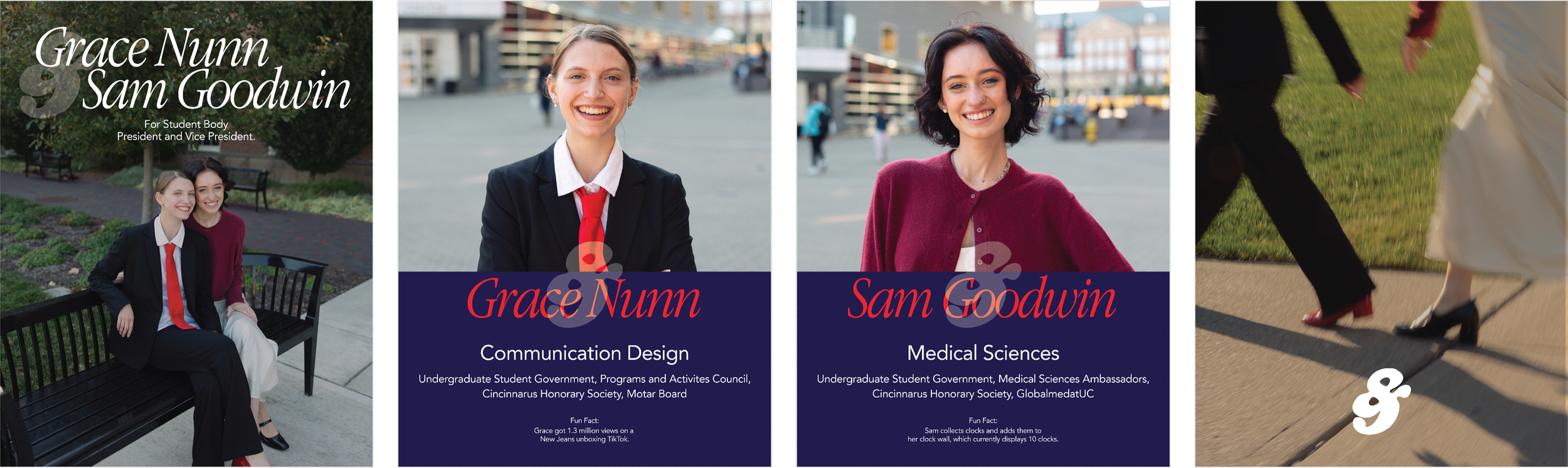 A digital collage featuring two women in professional attire, with text overlay introducing Grace Nunn and Sam Goodwin for student body president and vice president, with their respective academic programs and fun facts, set against outdoor urban backgrounds and close-up portraits.
