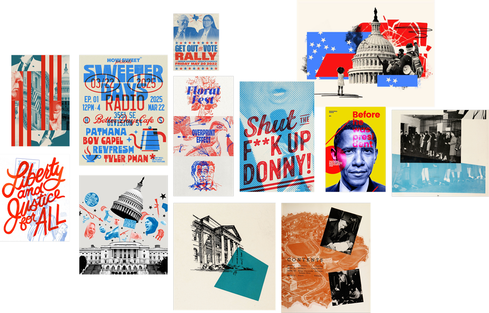 A collage of political and social protest posters, artwork, and historical images, including images of the U.S. Capitol building, iconic figures, and messages calling for change and activism.