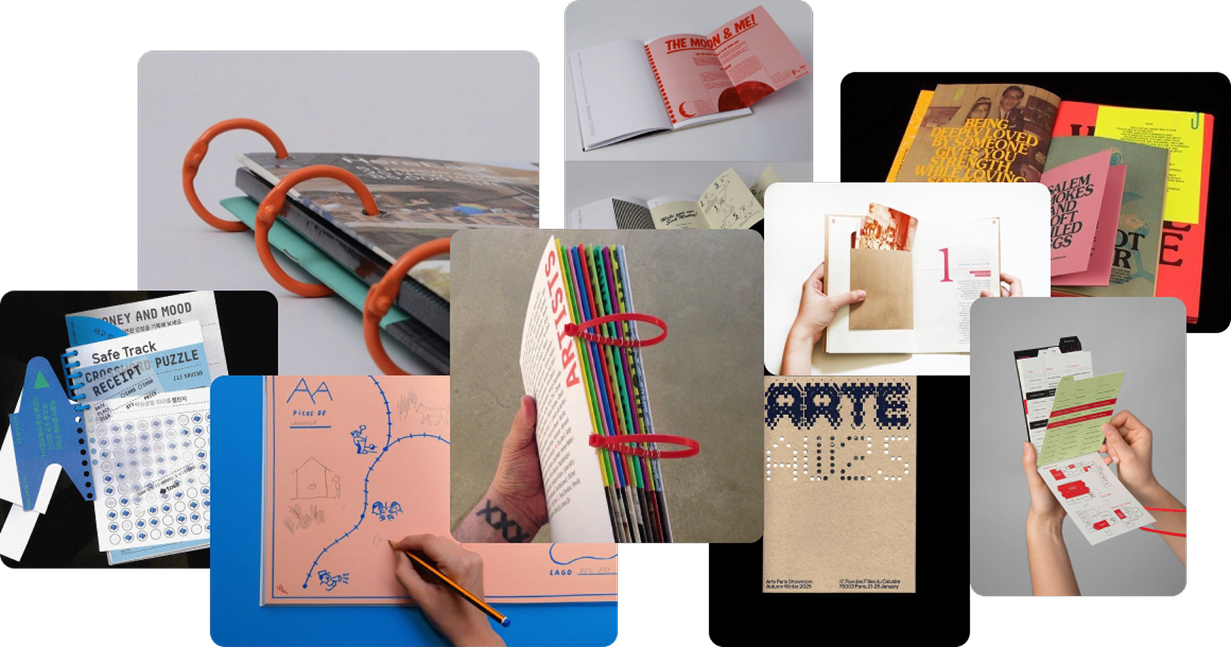 A collage of various stationery items and printed materials including books, notebooks, bookmarks, and hand-held devices showing forms and documents.