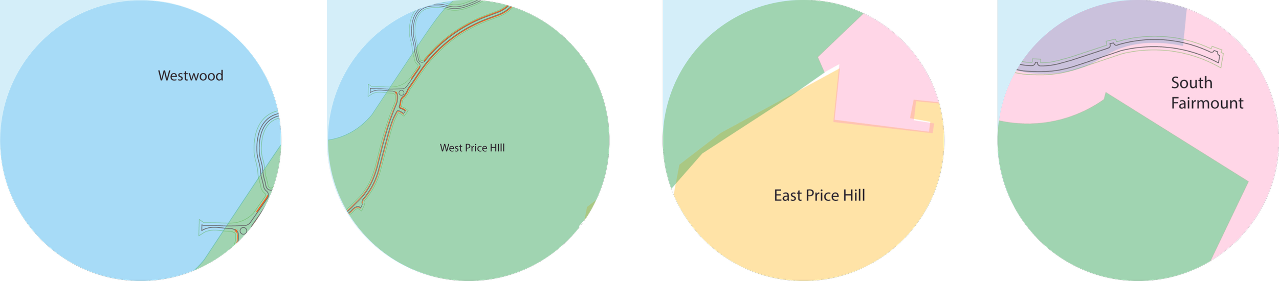 Four pie charts showing neighborhood zones labeled Westwood, West Price Hill, East Price Hill, and South Fairmount.