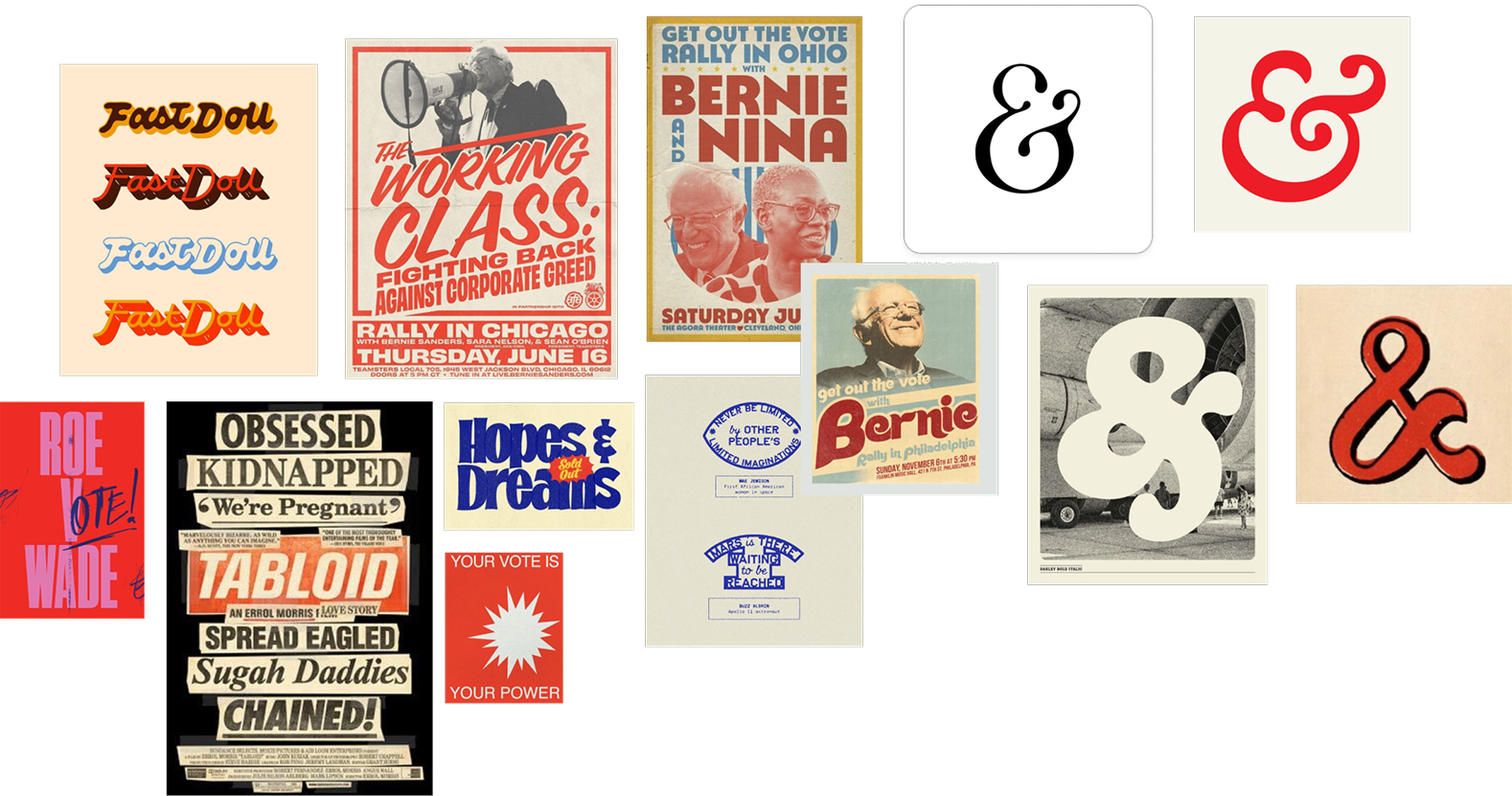 A collage of various political and social campaign posters, flyers, and artwork related to voting, Bernie Sanders, and political activism.