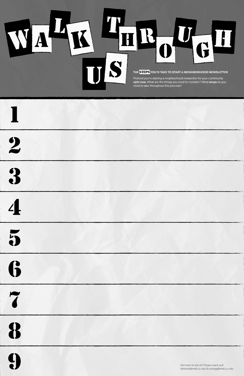 Blank neighborhood newsletter template with numbered list from 1 to 9 and a banner titled 'Walk, Talk, Use' at the top. The banner has black and white block letters spelling out the phrase.