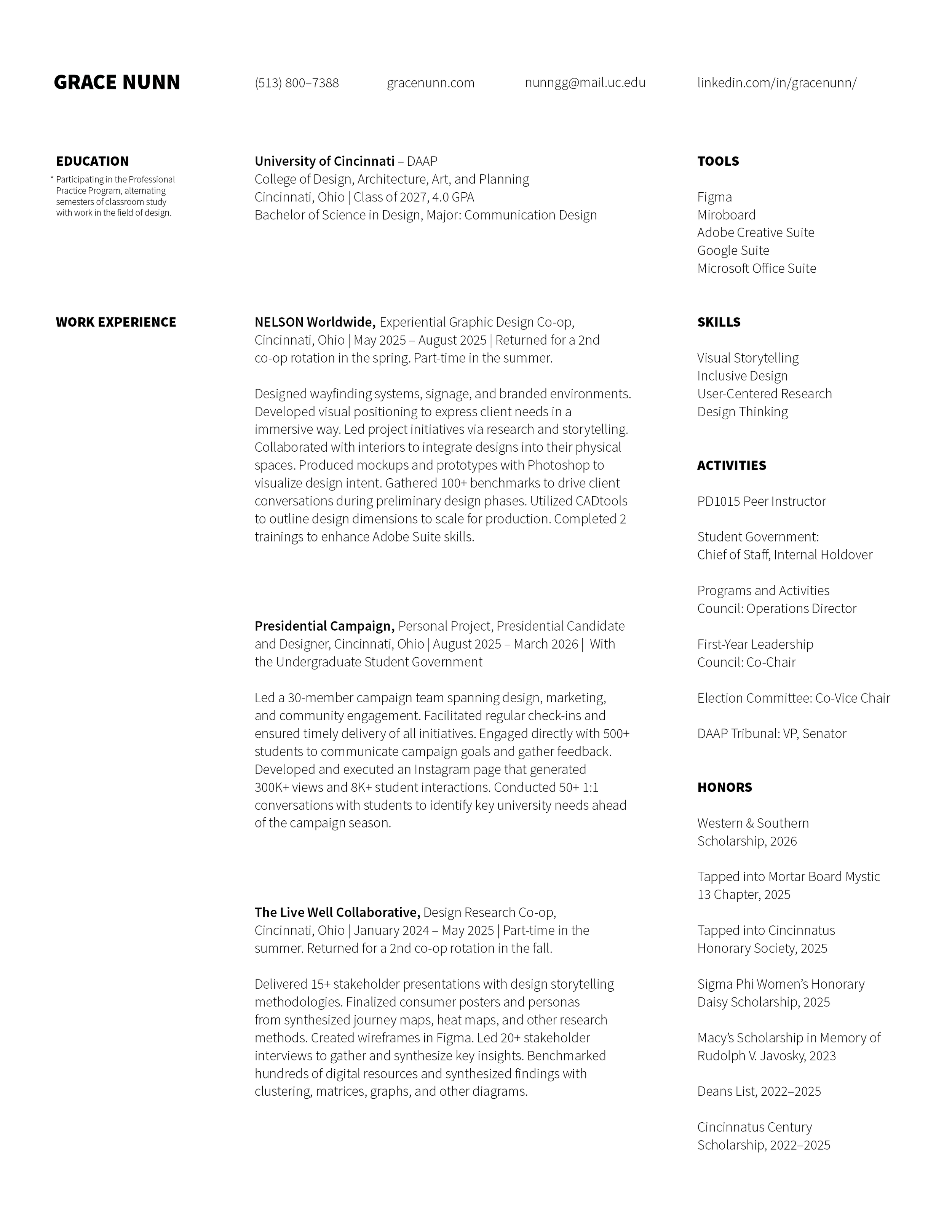 A professional resume page listing individual details, education, work experience, projects, honors, and skills in a clean, text-based layout.