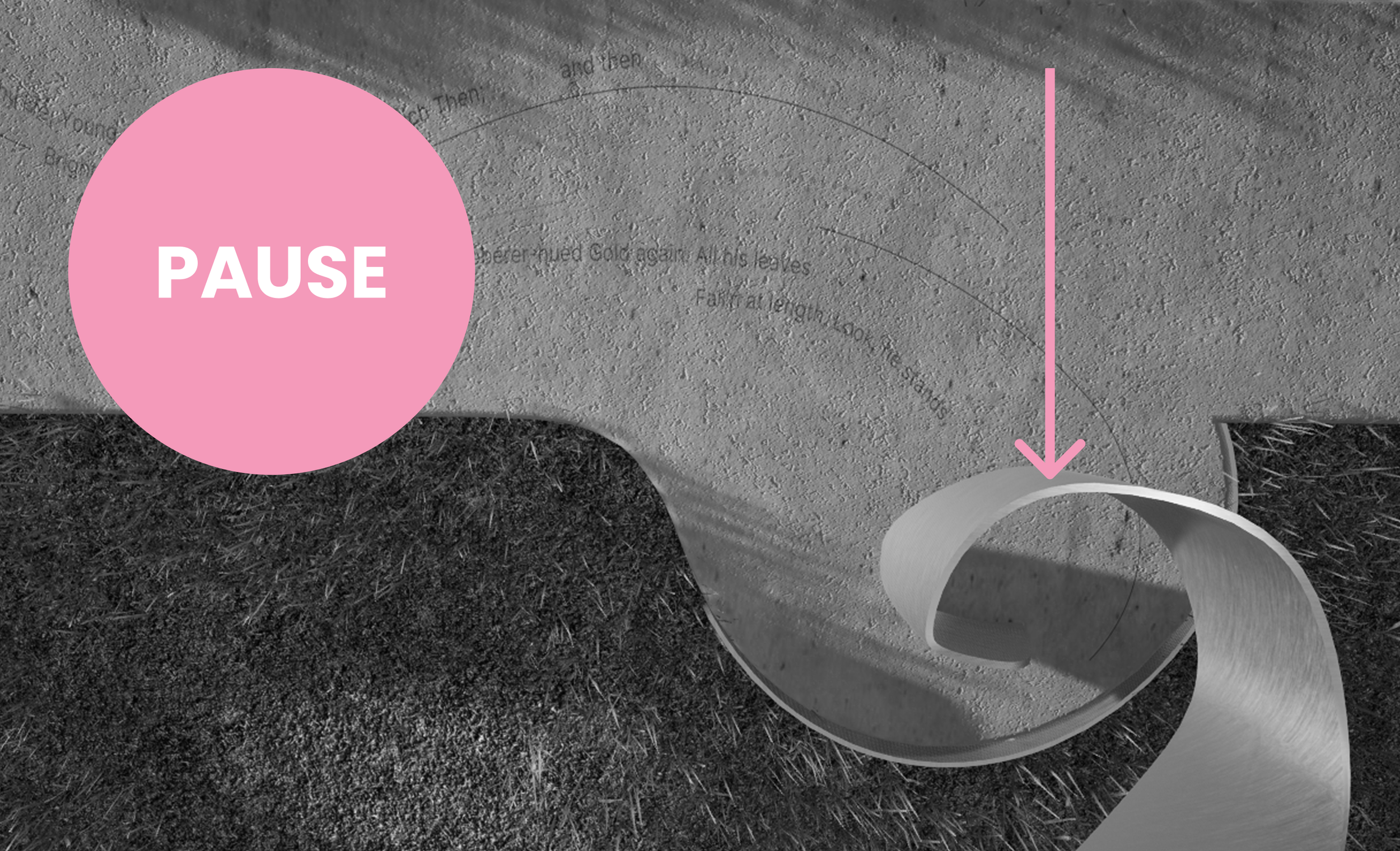 Close-up of a textured gray surface with engraved text, a large pink circle with the word 'PAUSE' in white, and a white circular object with an arrow pointing to it.