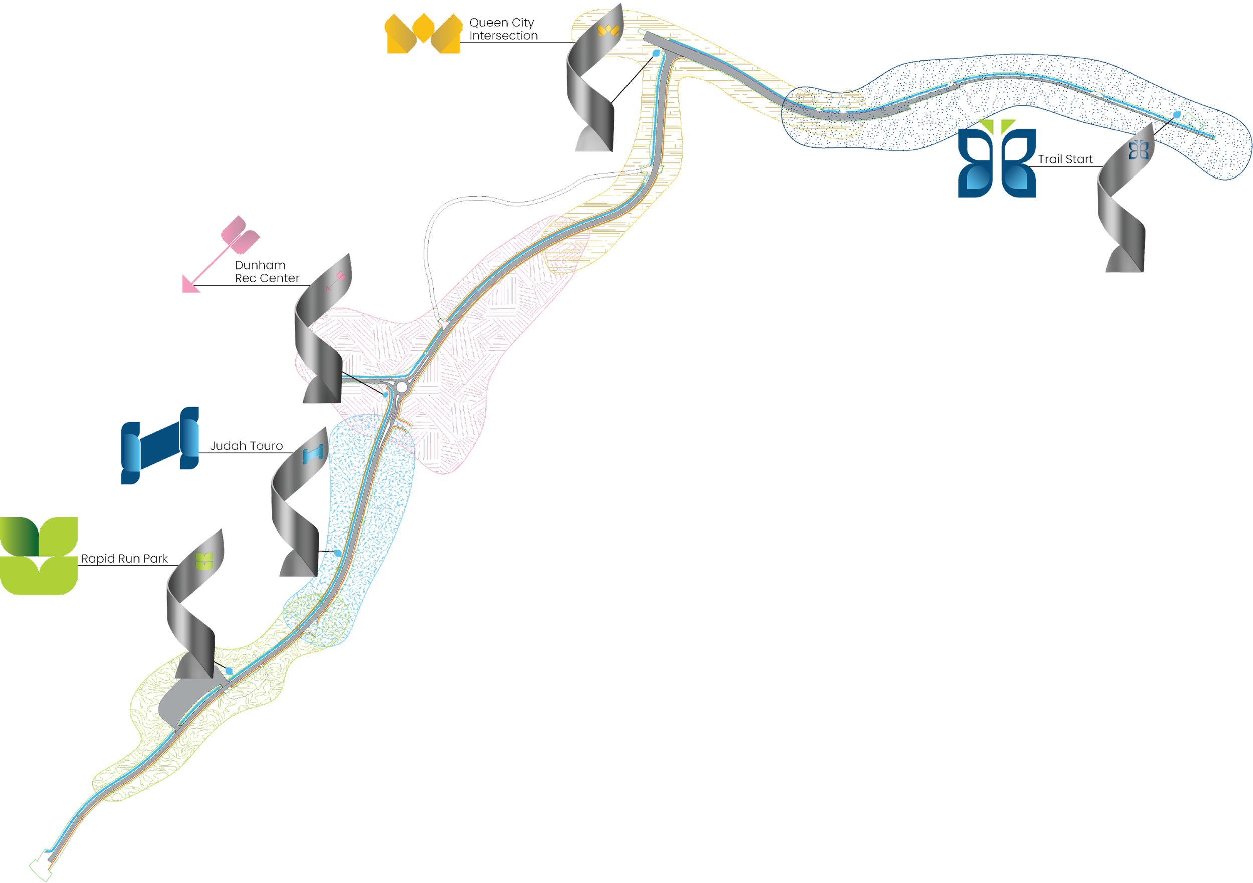Map of a mountain biking trail with various features, including trail start and end points, mountain and forest areas, and specialized trail sections.