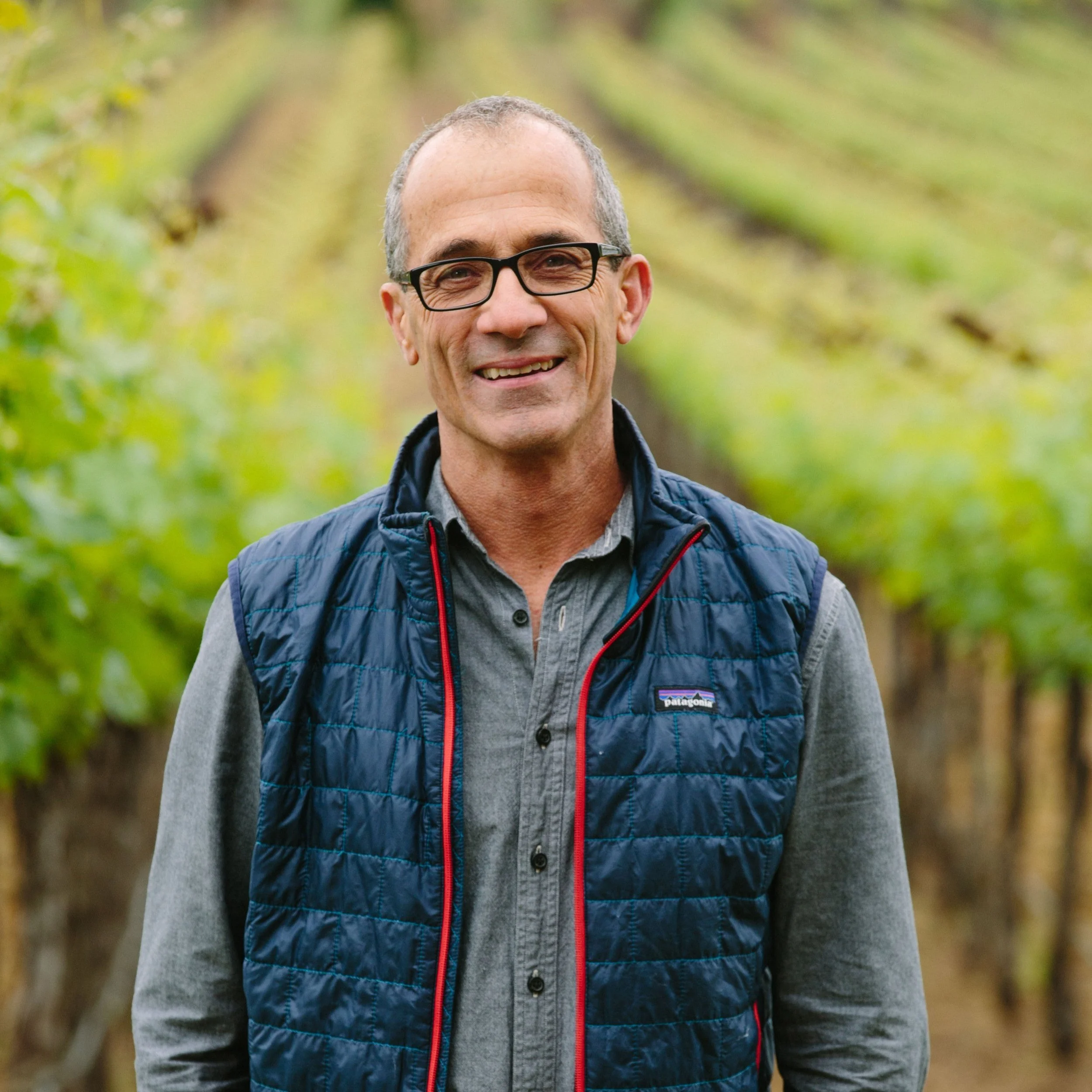 Chris Phelps pictured in front of rows of grapevines. He is smiling, wearing glasses, dark blue puffer vest over a light blue button up shirt.
