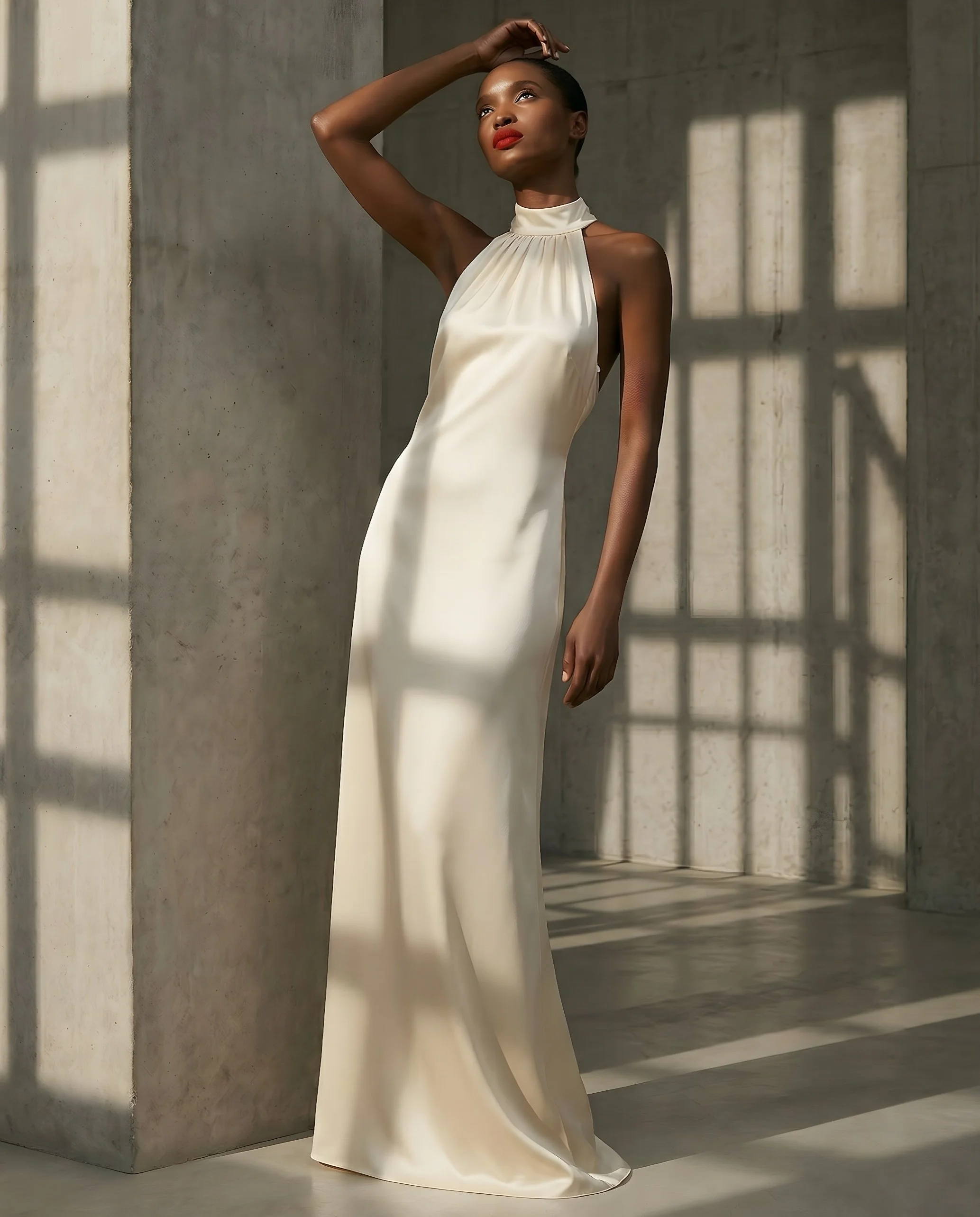 A woman in a long, elegant, cream-colored gown stands against a concrete wall with shadows of windowpanes cast behind her. She has her hand on her head, gazing upward, wearing bold red lipstick and natural makeup.