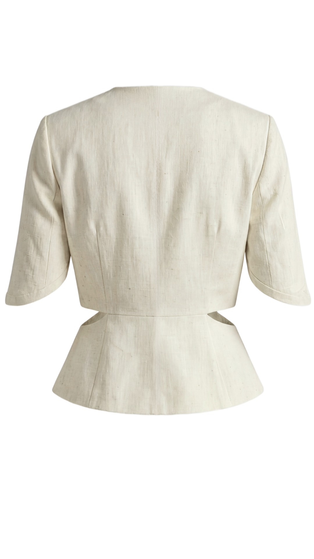 Back view of a cream-colored tailored blazer with cropped sleeves and a slightly flared peplum hem.