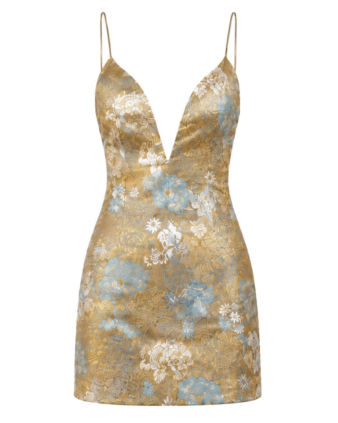 A gold and light blue floral patterned slip dress with thin straps and a deep V neckline.