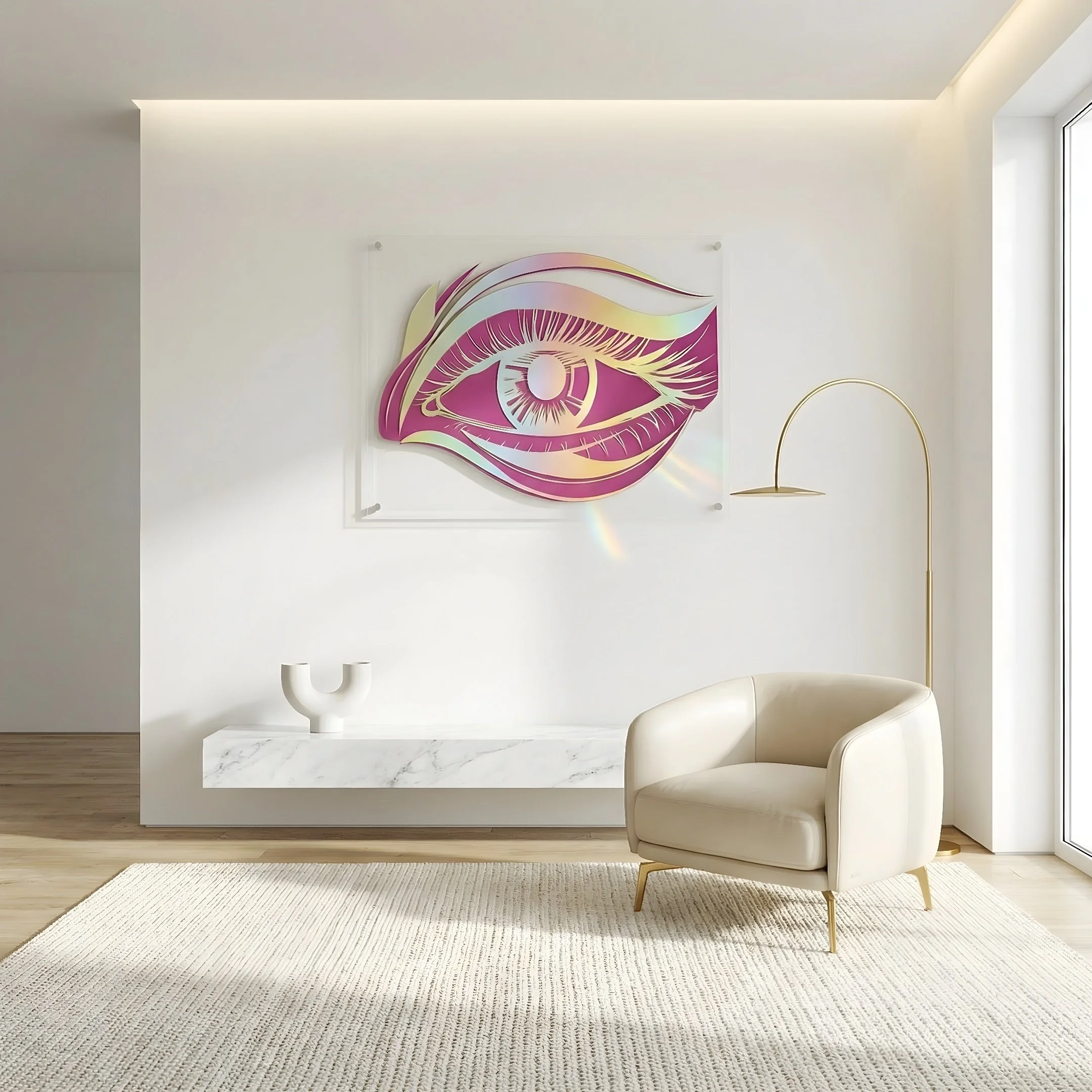 Modern minimalist living room with a beige armchair, gold floor lamp, and a white marble shelf with a white vase. Artwork on the wall features a stylized eye design in pink and gold tones.