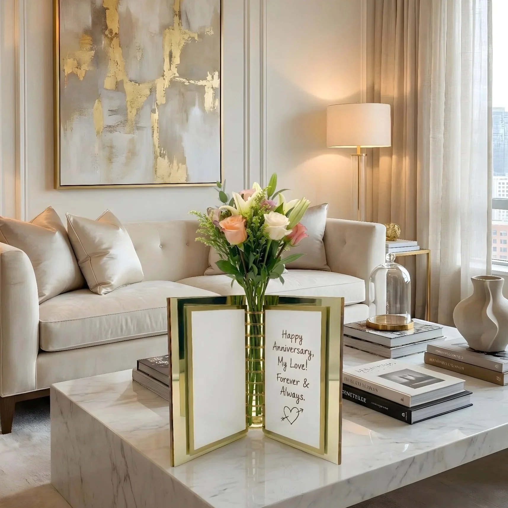 Living room with a white sofa, abstract wall art, a table with a floral arrangement, books, and decorative items, with beige curtains and a floor lamp.