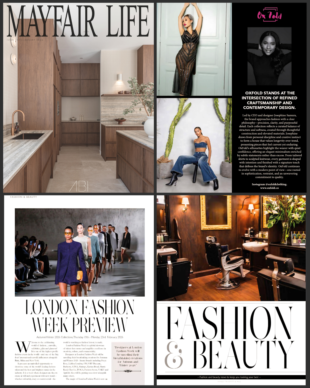 A collage of images showcasing fashion, beauty, and interior design, including a modern kitchen, models in stylish outfits, a fashion runway, and a vintage barbershop interior.